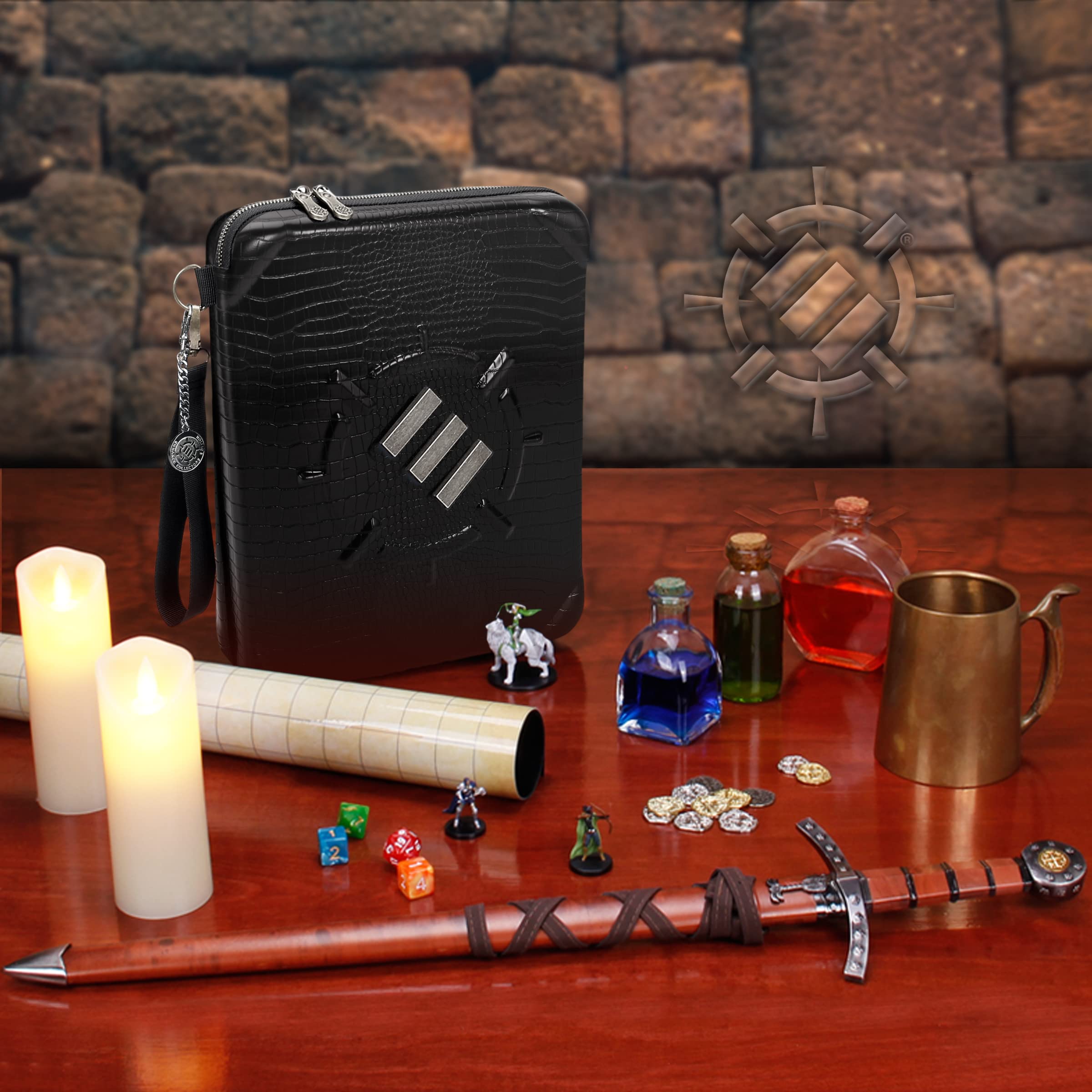 Premium RPG Organizer Case - Durable DnD Binder with Built-in Character Sheet Holder, Erasable Scribe Panel, Dice Rolling Area & Removable Pen Pouch | Perfect for Dungeons & Dragons, Pathfinder & Tabletop Gaming | Includes Miniature Foam Tray & Wrist Strap for Convenient Game Sessions
