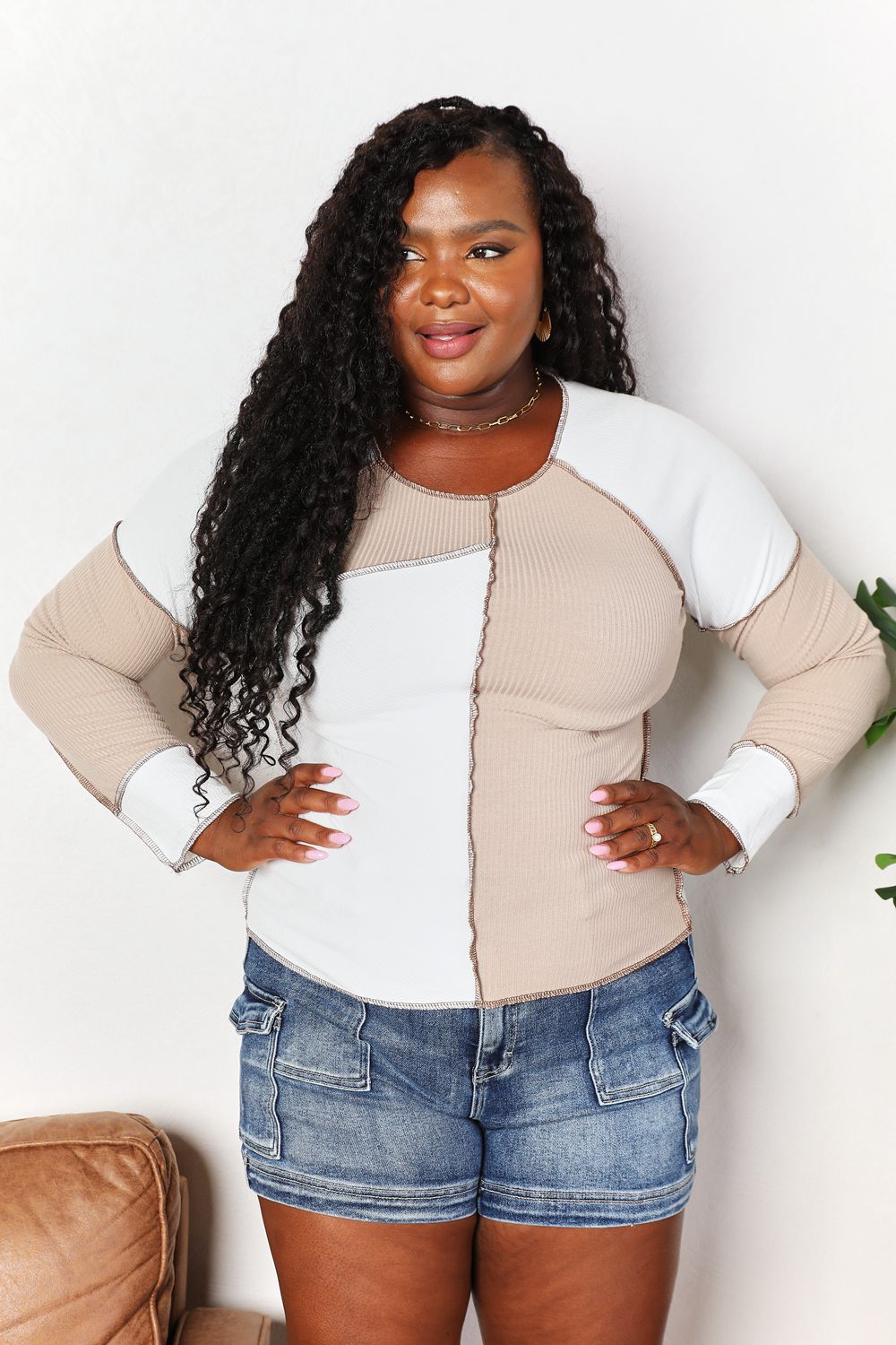 Khaki Color Block Exposed Seam Women's Tops - Trendy Casual Shirt for Streetwear & Everyday Outfits