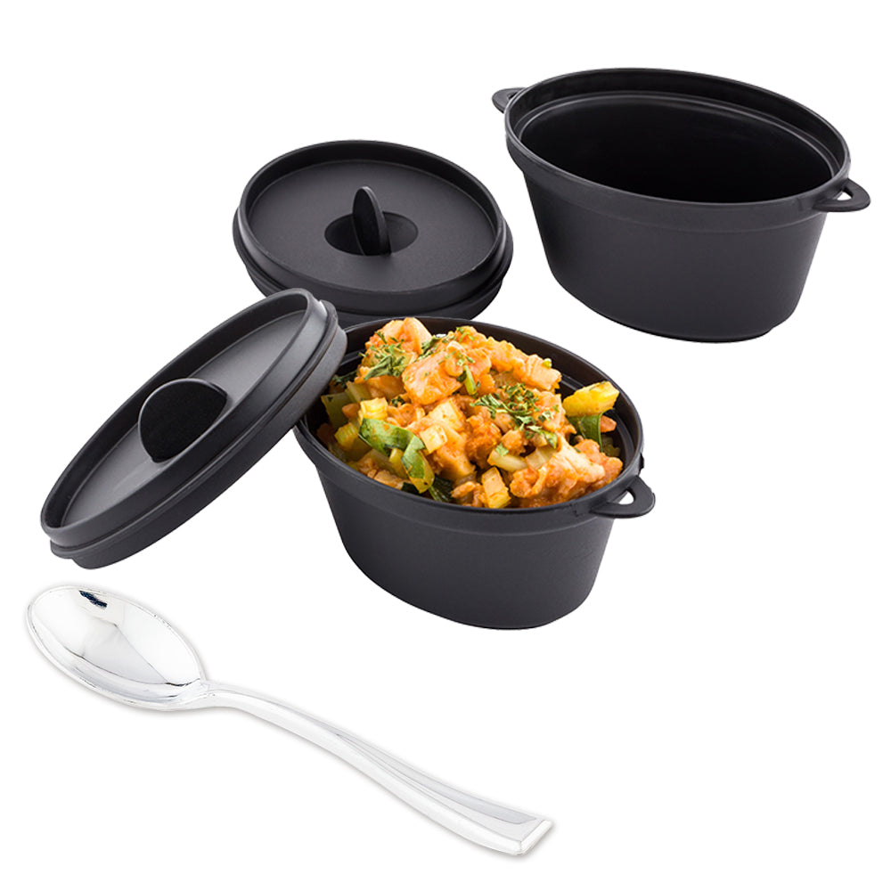 100 Pack 3 oz Oval Black Plastic Mini Kettle Dishes & 100 Silver Plastic Mini Spoons - Perfect for Party Favors, Catering, and Dessert Serving