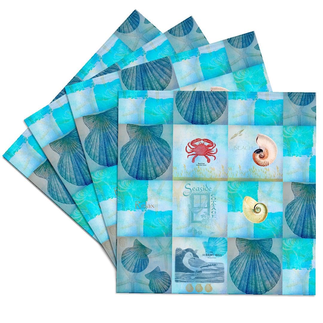 3D Rose Aqua Beach Seashell Collage Art Ceramic Tile Coasters - Set of 4 - Perfect for Home Decor, Kitchen, Dining Table, and Gifts