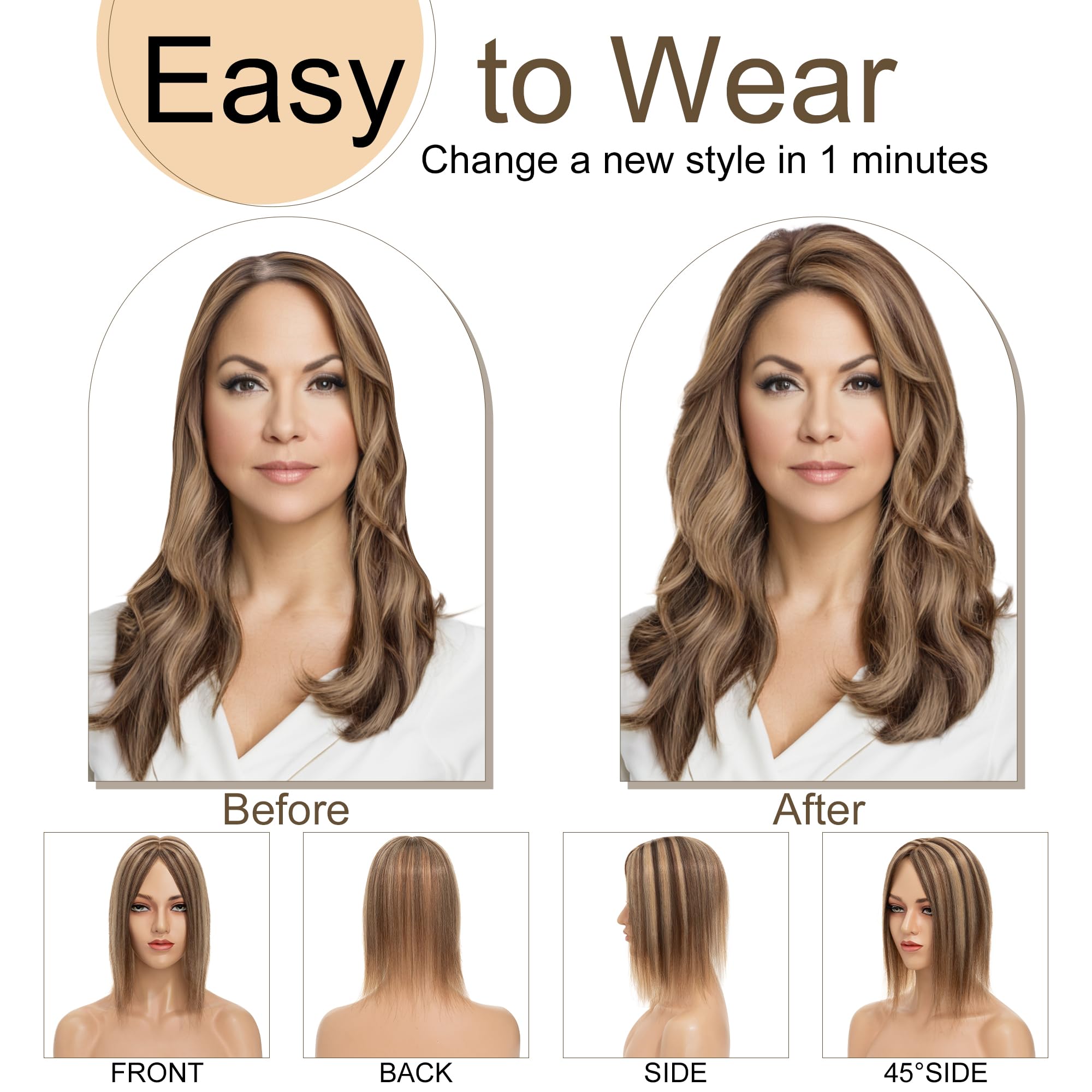 SEGO 130% Density Human Hair Toppers for Women - No Bangs, 10x12cm Silk Base, 100% Remy Clip-in Top Wiglet for Thinning Hair - 14 Inch Medium Brown & Dark Blonde - Perfect for Daily Wear, Parties & Hair Loss Solutions