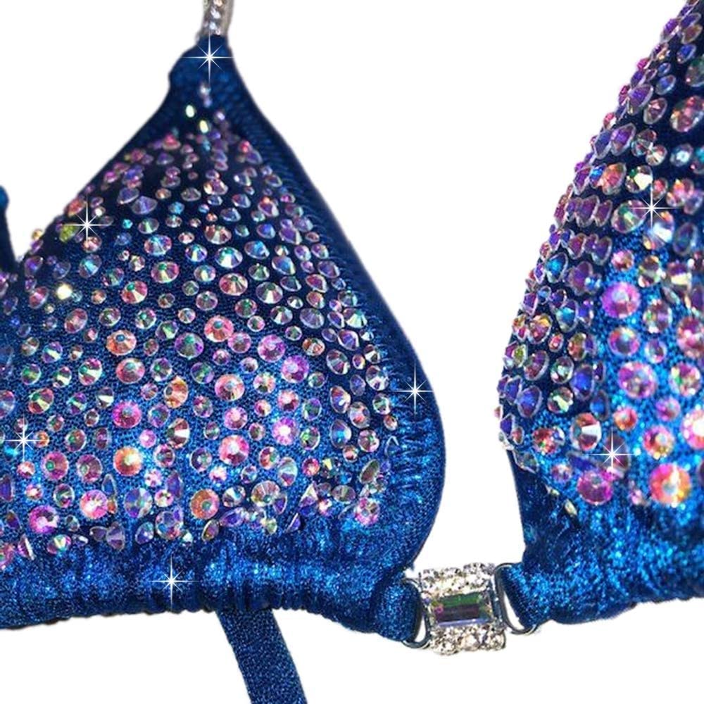 Royal Blue Competition Bikini Suit with AB Rhinestones - NPC Bikini Contest Swimsuit for Women (XS, Hips 28