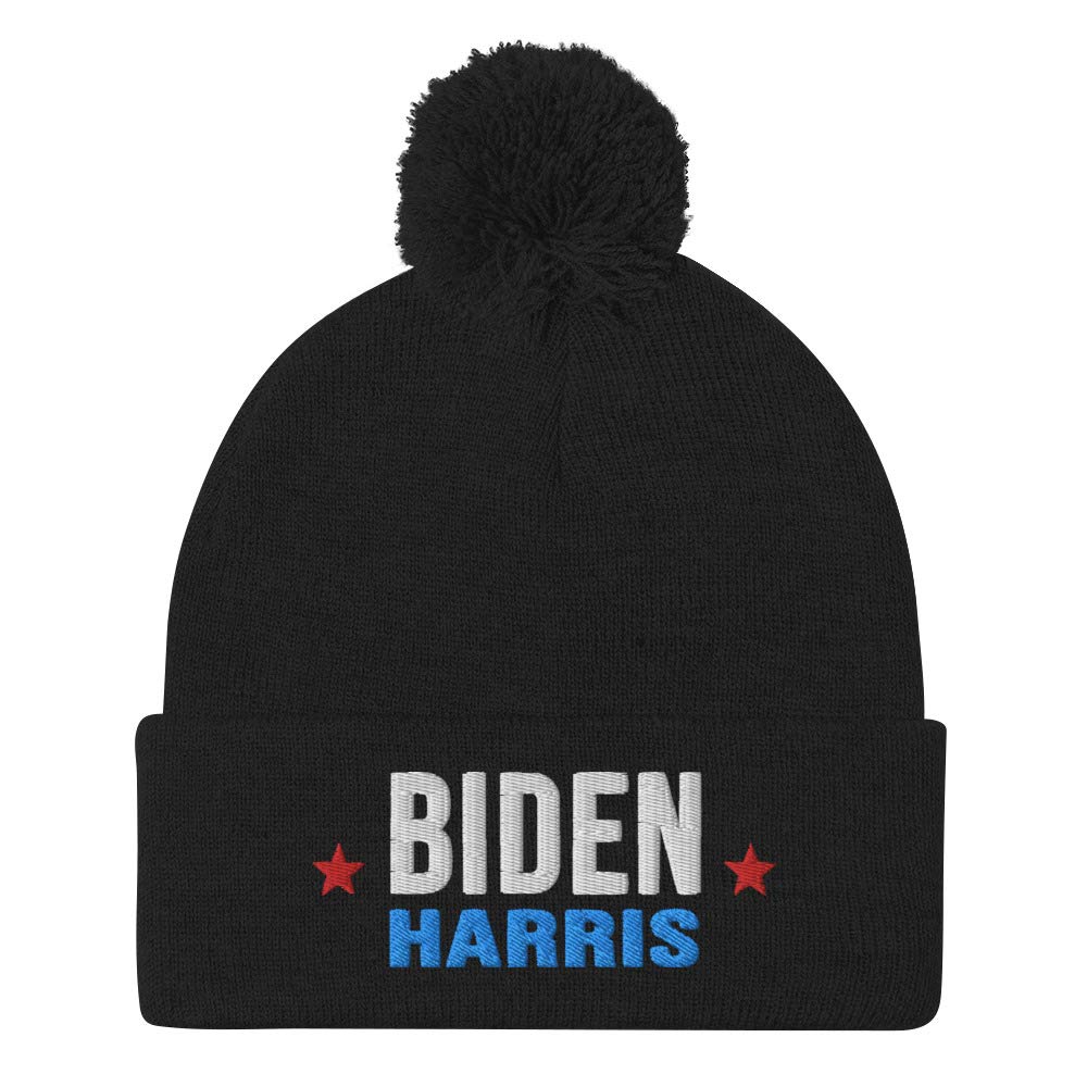 Biden Harris Embroidered Pom-Pom Beanie - Warm Winter Hat for Political Supporters - Perfect for Campaign Events & Cold Weather
