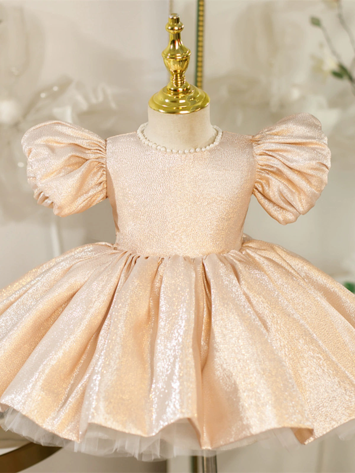 Champagne Princess Jewel Neck Tea-Length Satin Flower Girl Dress for Weddings, Pageants & Special Occasions