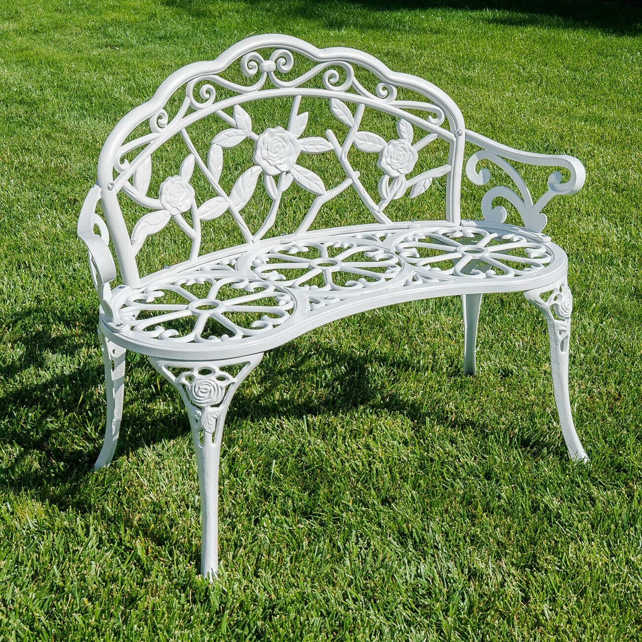 GXP White Cast Iron Love Seat Bench - Antique Rose Design for Outdoor Patio, Porch & Garden - Perfect for Romantic Seating & Vintage Decor