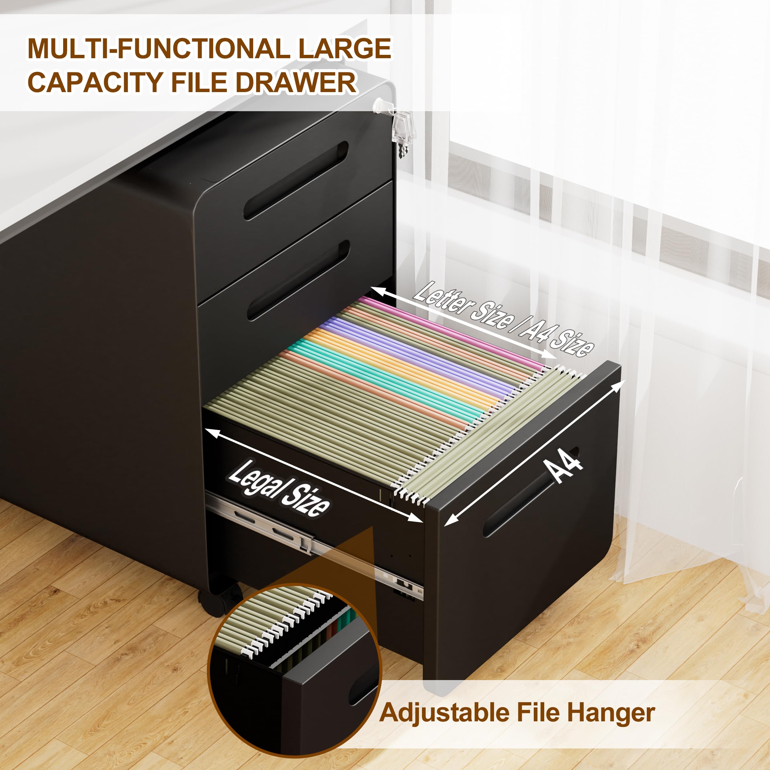 3 Drawer Locking File Cabinet with 4 Keys - Mobile Metal Filing Cabinet for Home Office - Under Desk Storage Solution - Pre-Assembled Letter/Legal/A4 Hanging File Folders - Perfect for Document Organization in Small Spaces & Workspaces