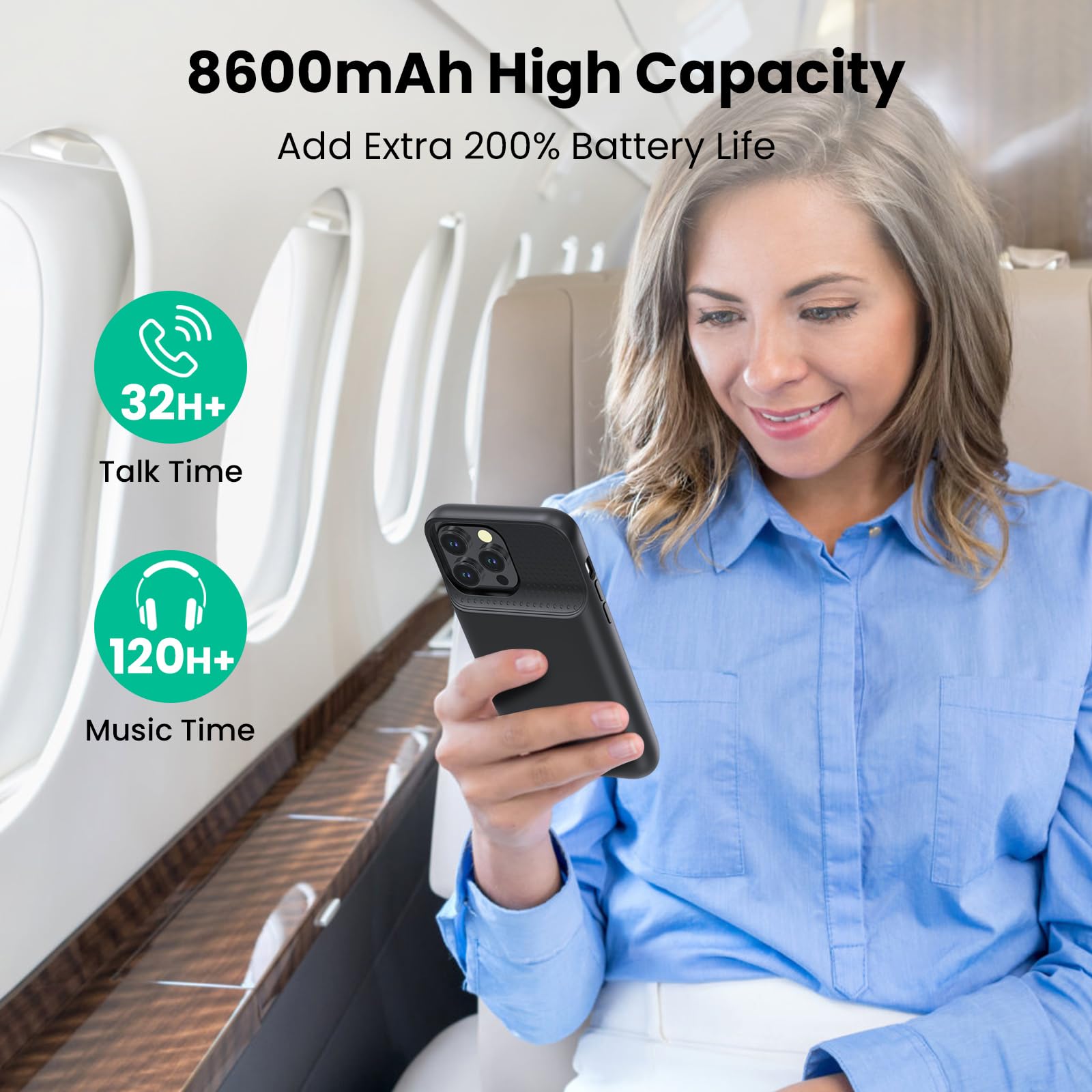 Upgraded 8600mAh Slim Battery Case for iPhone 15 Pro Max - 15W Fast Charging Portable Charger Cover | Protective Extended Power Bank for iPhone 15 Pro Max (6.7 inch) | Perfect for Travel, Work & Outdoor Activities - Black