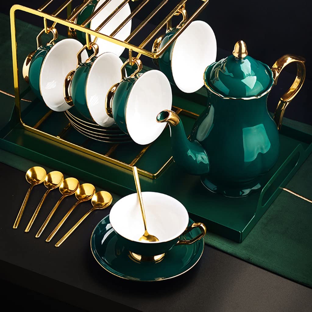 Premium 6-Piece Porcelain Tea Set with Teapot, Cups & Saucers - Elegant Ceramic Tea/Coffee Gift Set for Adults - Perfect for Tea Parties, Afternoon Tea & Home Decor (Green, Style 3)