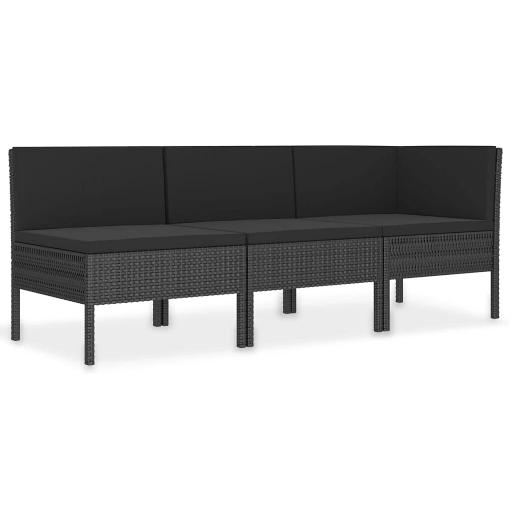3-Piece Black Poly Rattan Outdoor Sectional Sofa Set with Cushions - Garden Lounge Furniture for Patio, Backyard, Poolside & Camping Use - Durable Wicker Conversation Set