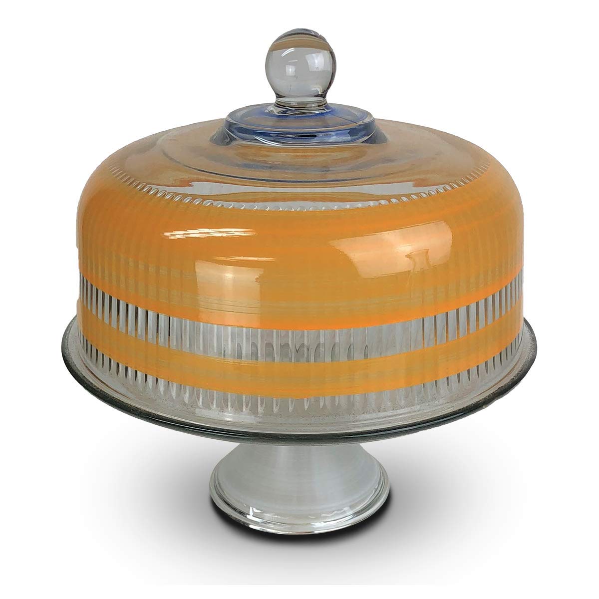 Hand Painted Glass Cake Stand with Lid - Cape Cod Cottage Orange Collection - Unique Decorative Cake Dome for Weddings, Parties & Kitchen Decor - Made in USA by Local Artists - Perfect for Dessert Display & Home Table Centerpiece