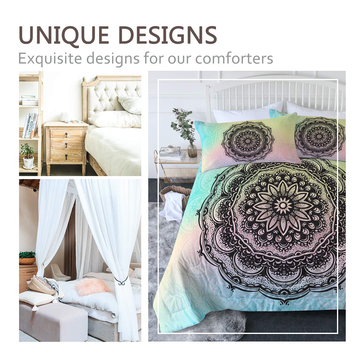 BlessLiving 3-Piece King Size Boho Comforter Set - Lightweight Mandala Bedding with 3D Indian Design in Pink, Blue & Black | Perfect for Bohemian, Hippie & Eclectic Bedroom Decor