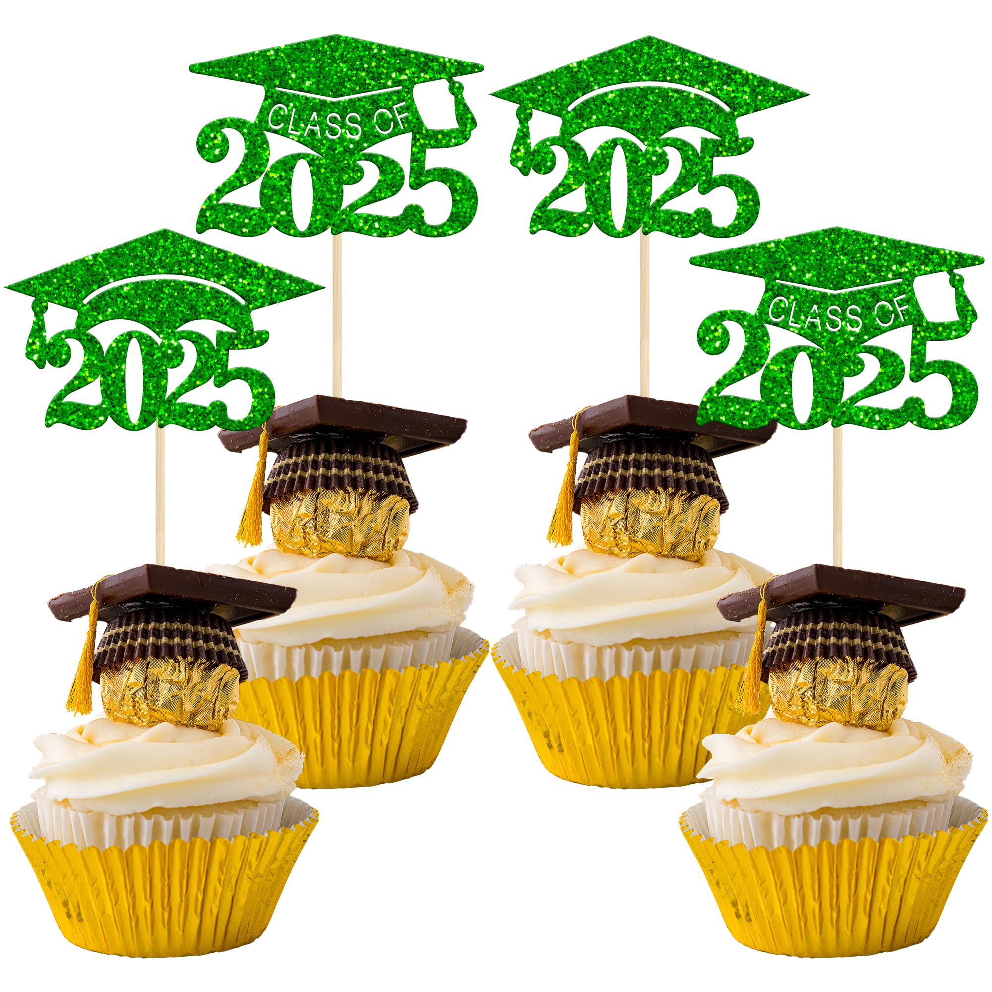 24Pcs Class of 2025 Graduation Cupcake Toppers - Green Glitter Diploma Decorations for Graduation Party, Mini Cake & Dessert Decor - Perfect for 2025 Grad Celebrations, School Events & Commencement Treats