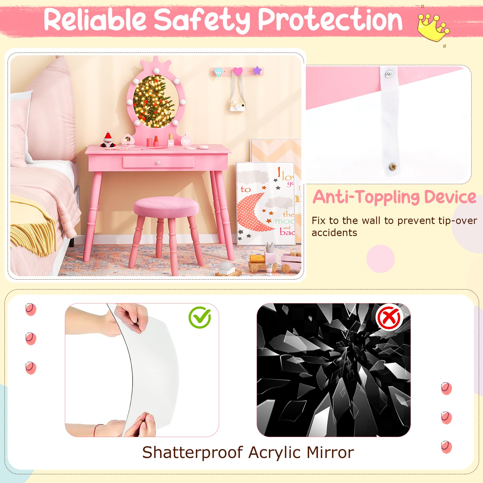 Costzon Kids Vanity Set with Mirror, Stool & LED Lights - 2-in-1 Wooden Makeup Dressing Table with Drawers for Girls - Pretend Play Vanity Desk & Chair Set (Pink) - Perfect for Birthday Gifts, Bedroom Decor & Role Play Activities