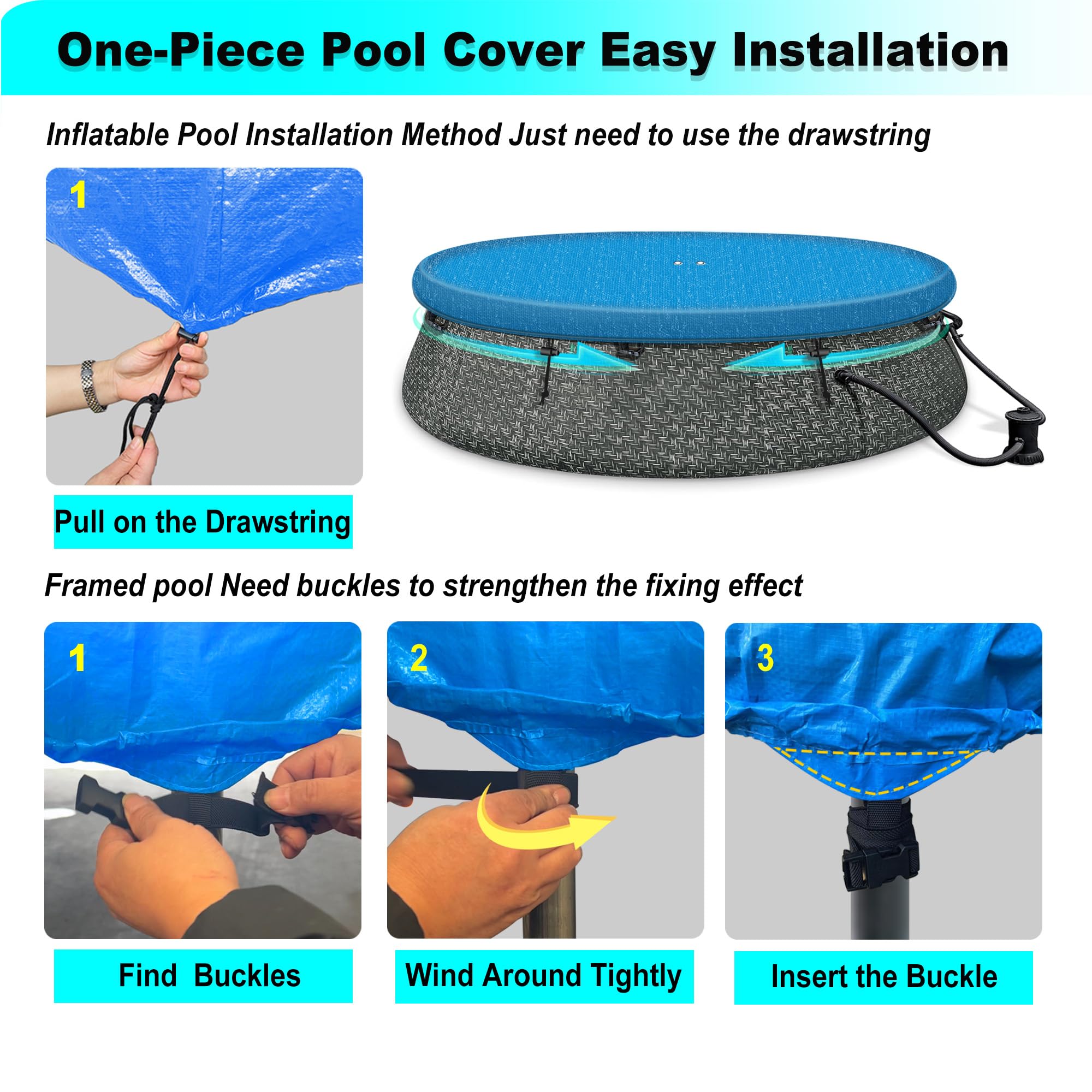 8Ft Round Inflatable Pool Cover for Above Ground Pools - Quick Installation, Waterproof & Dustproof - Prevents Waterlogging & Debris - Heavy Duty Blue Swimming Pool Cover for Summer, Winter Protection & Easy Maintenance