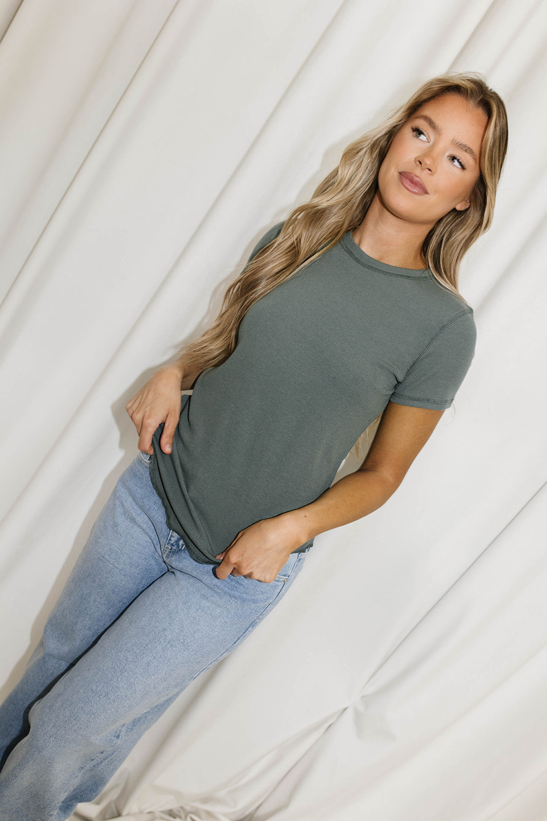 Phoenix Ribbed Knit Tee - Soft Stretch Women's Teal Green T-Shirt for Casual Wear & Everyday Outfits