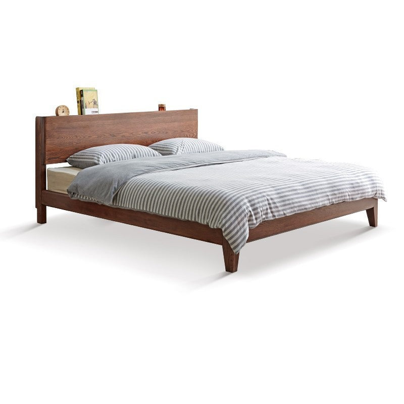 Solid Oak Wood Modern Bed Frame with LED Night Lights in Walnut Finish - Perfect for Bedroom Decor and Cozy Nighttime Ambiance