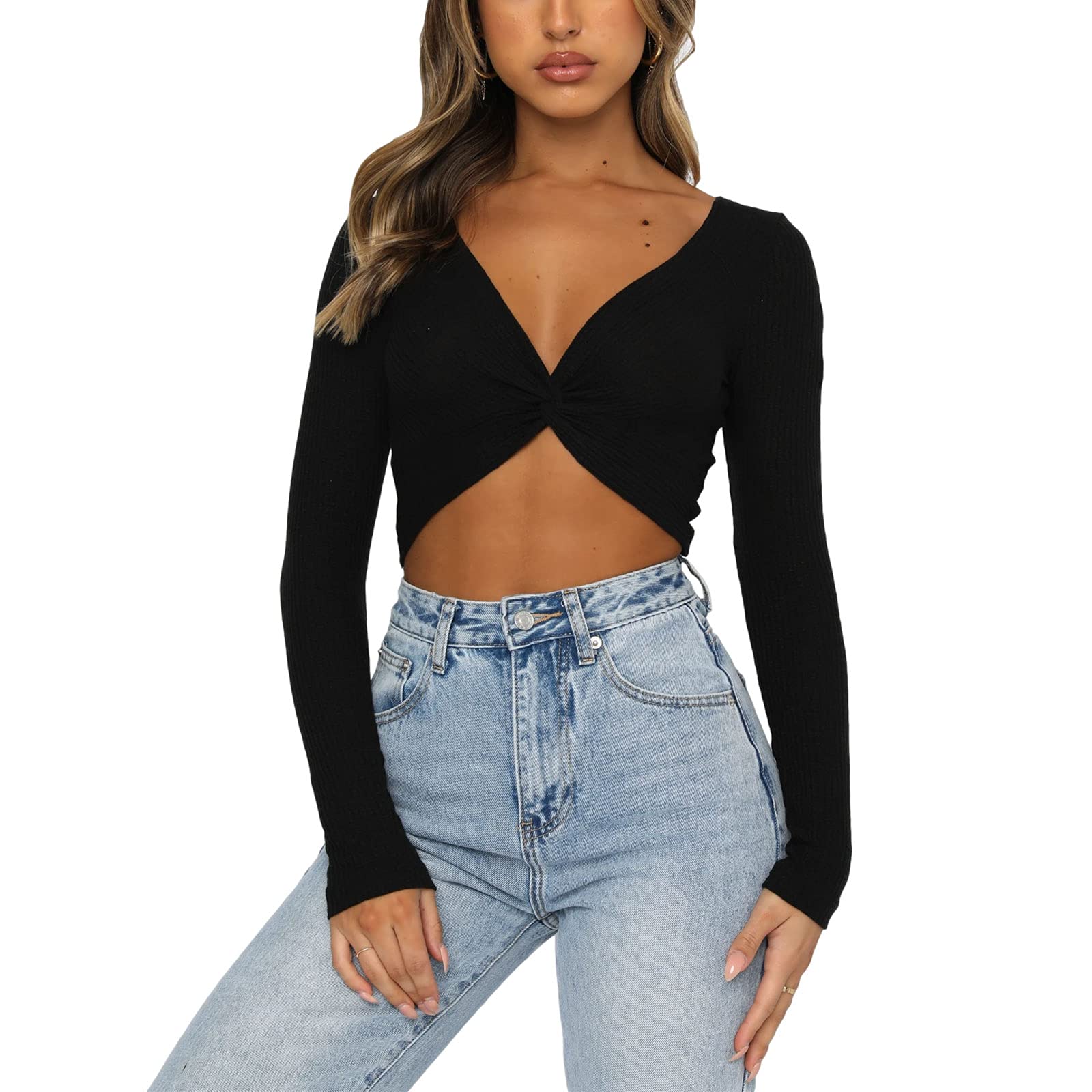 DBZoo Women's Sexy Deep V Neck Long Sleeve Crop Top - Casual Basic Cropped T-Shirt for Everyday Wear, Date Night & Layering Outfits
