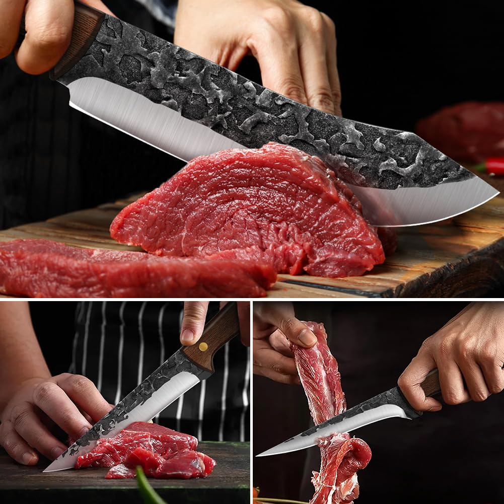 **UniqueFire 3-Piece Professional Chef Knife Set - High Carbon Steel Hand-Forged Kitchen Knives with Ergonomic Wood Handle - Sharp Butcher & Meat Cleaver Knives for Home & Restaurant - Perfect for Cooking, Slicing, and Meat Preparation**