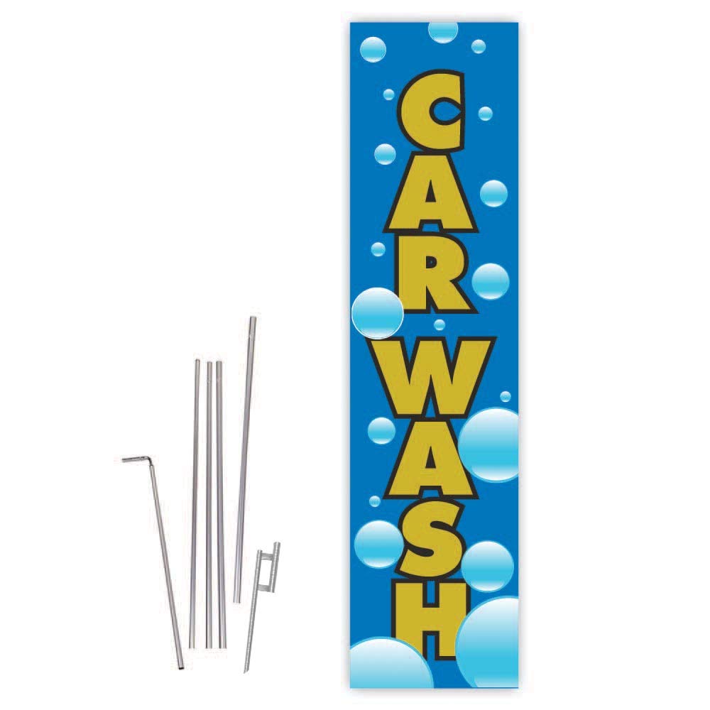 Premium Blue Bubbles Rectangle Car Wash Boomer Flag with 15ft Pole Kit & Ground Spike - Perfect for Auto Detailing, Car Wash Businesses, and Driveway Decor