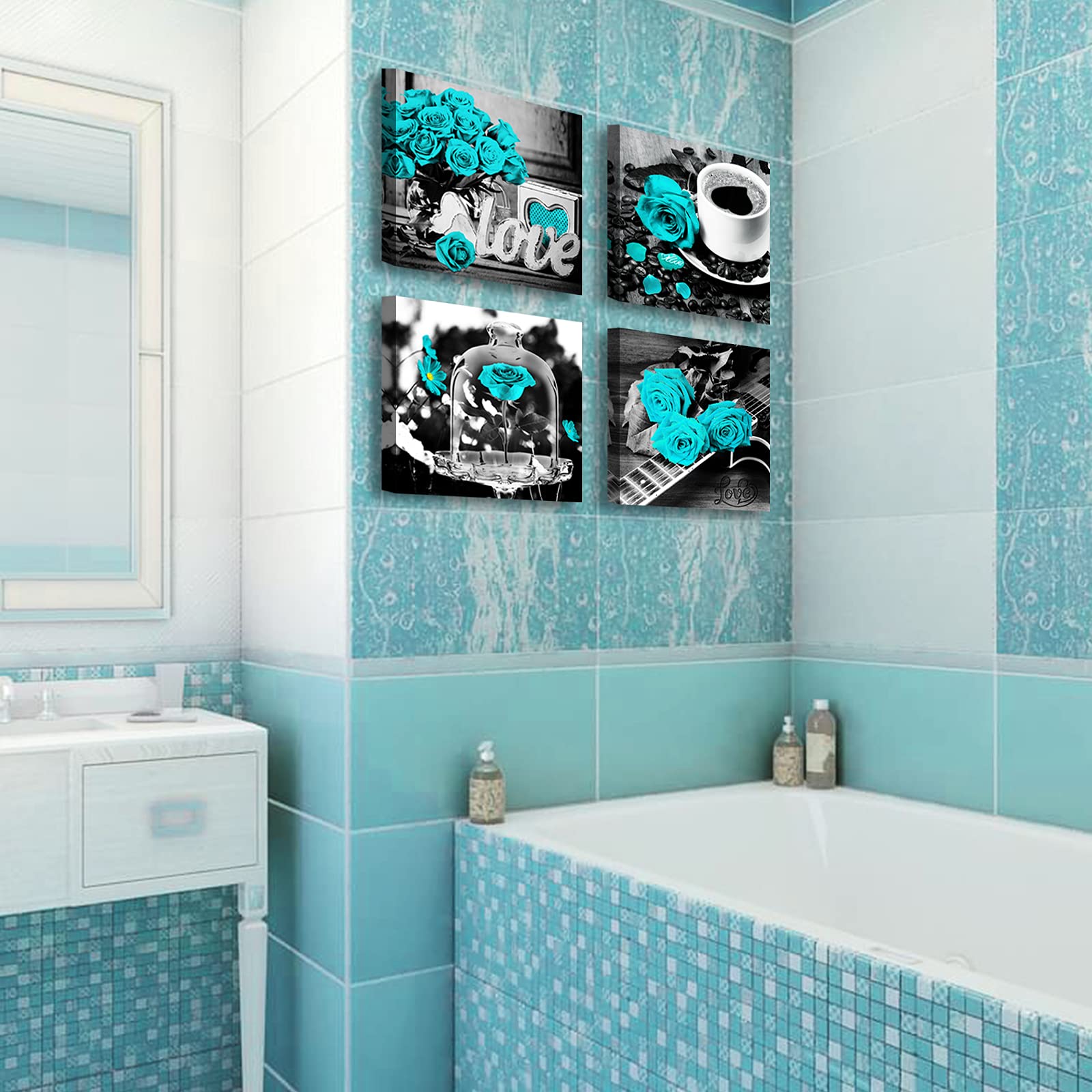 Turquoise Rose Canvas Wall Art Set - 4 Piece 12x12 Inch Framed Floral Prints for Bedroom, Living Room & Kitchen Decor | Modern Home Accessories & Gift Idea