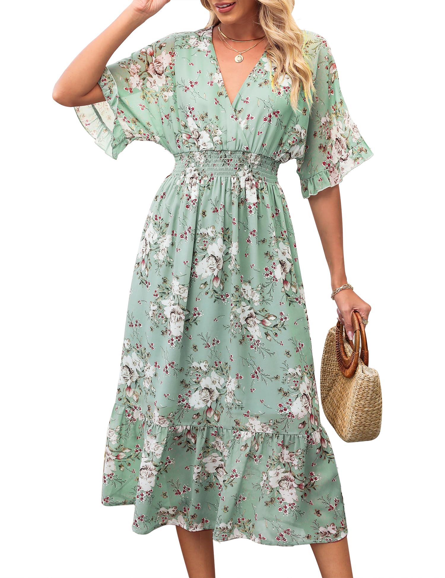 Women's Floral Midi Dress - A-Line Chiffon Boho Summer Dress with Short Sleeves | Beach Cover Up, Garden Party & Casual Outing Dress for Women 2025
