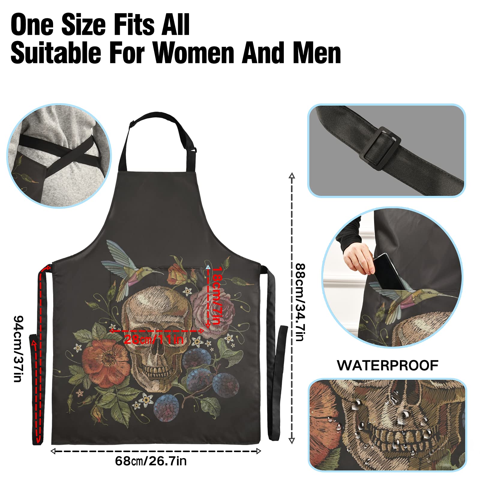 ALAZA Sugar Skull Floral Day of the Dead Waterproof Kitchen Apron with 2 Pockets - Perfect for Cooking, Baking, BBQ & Dishwashing - Great Gift for Mom, Girlfriend or Dad