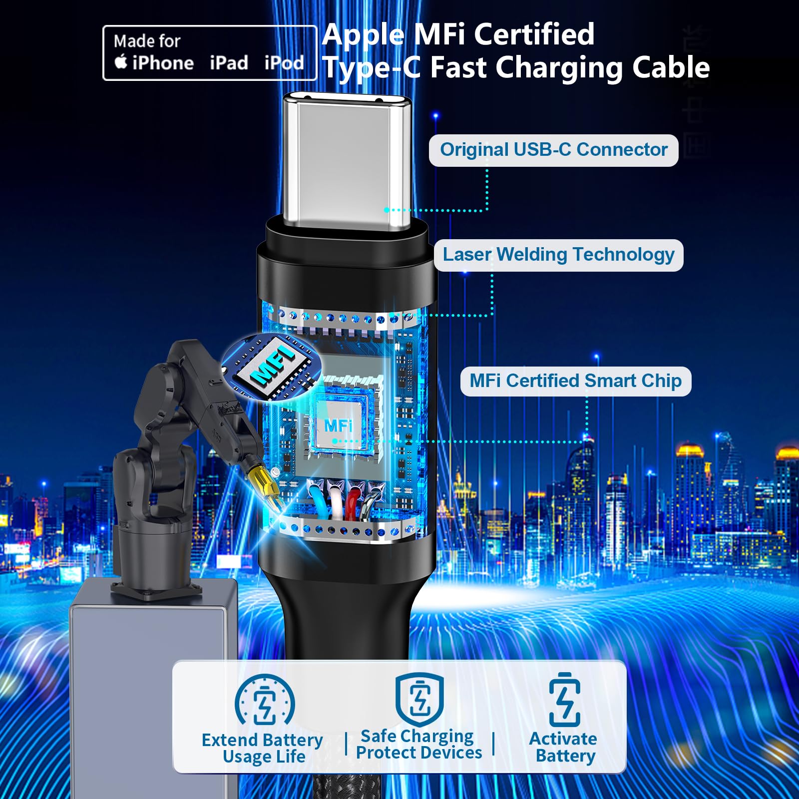 MFi Certified 67W 3-Port USB-C Car Charger for iPhone 15/Pro - Fast PD/QC Charging with Braided Cable - Compatible with Galaxy S24/S23/Pixel - Perfect for Road Trips & Daily Commutes