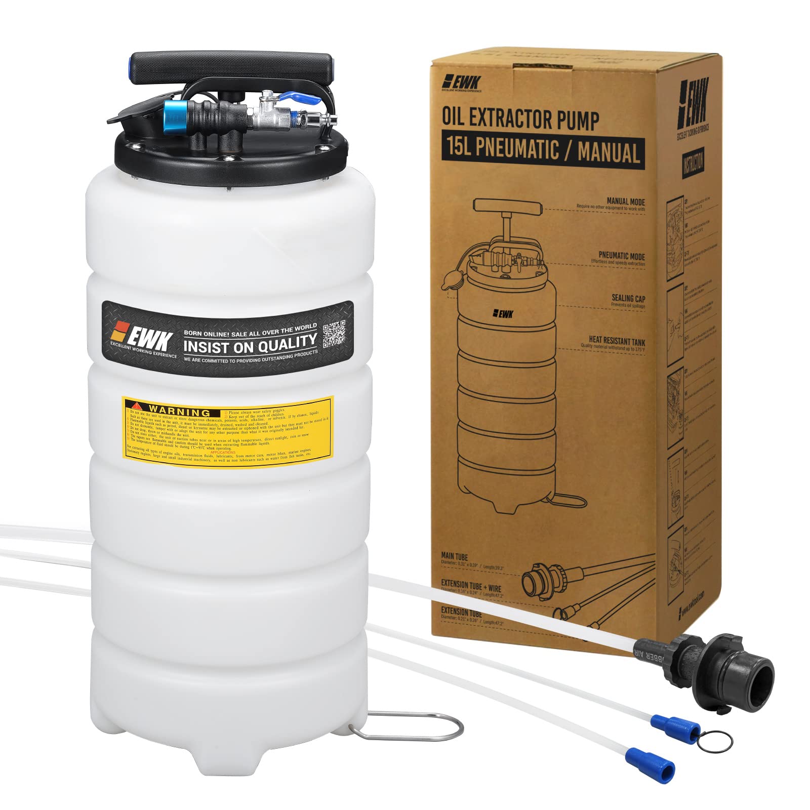 EWK Patented 15L Pneumatic/Manual Oil Extractor Pump - Automotive Fluid Change & Vacuum Evacuation Tool for Engine Oil, Transmission, Coolant | Perfect for DIY Car Maintenance & Professional Garage Use