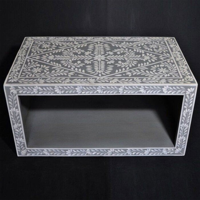 Handmade Bone Inlay Floral Pattern Coffee Table - Grey Vintage Center Table for Living Room, Home Decor, Boho Style Furniture | Perfect for Lounge, Office & Modern Interior Design