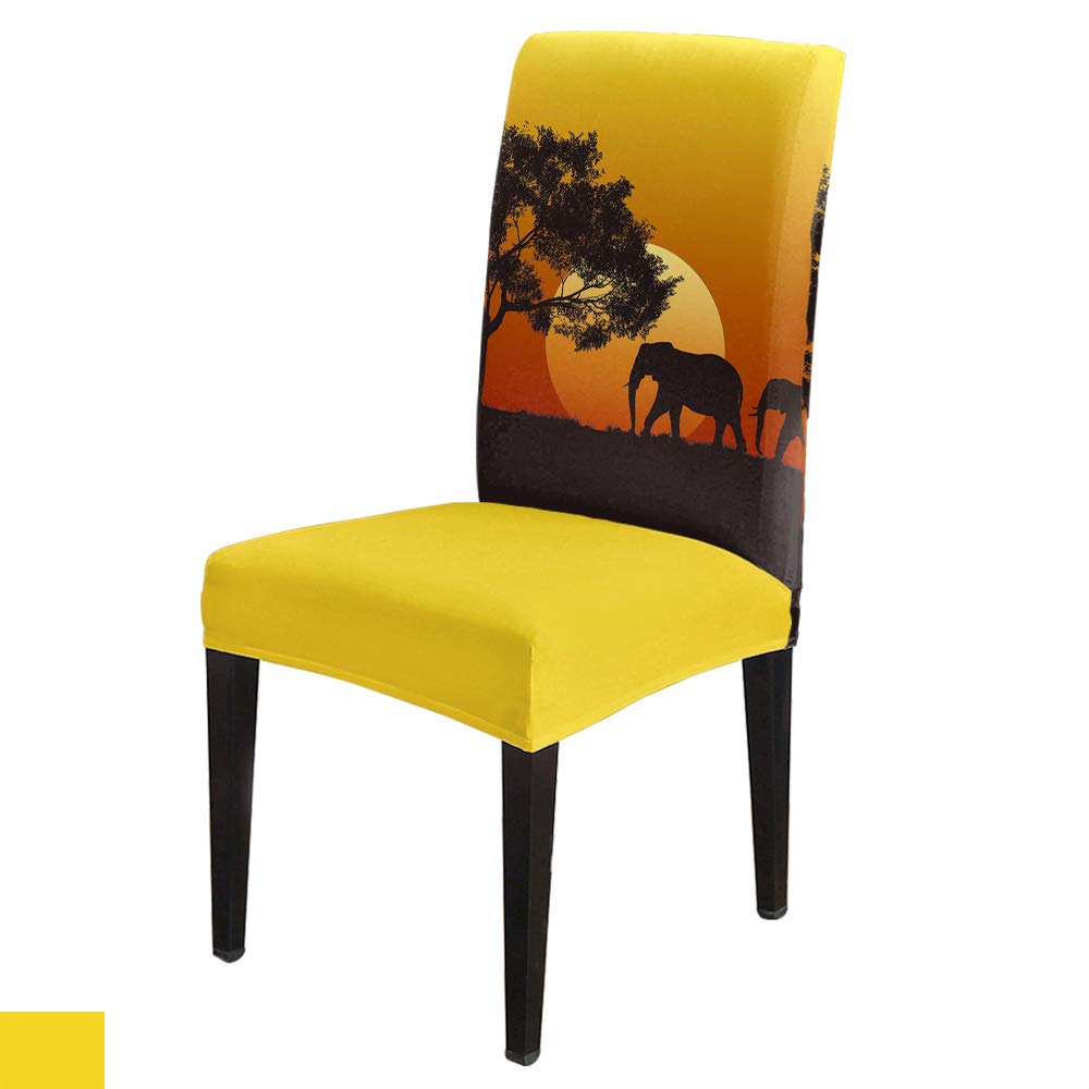 African Sunset Mother & Baby Elephants Stretch Dining Chair Covers - 8 Pack Removable Slipcovers for Kitchen, Banquet, Wedding & Safari Themed Decor | Waterproof Seat Protectors for Home & Restaurant Use