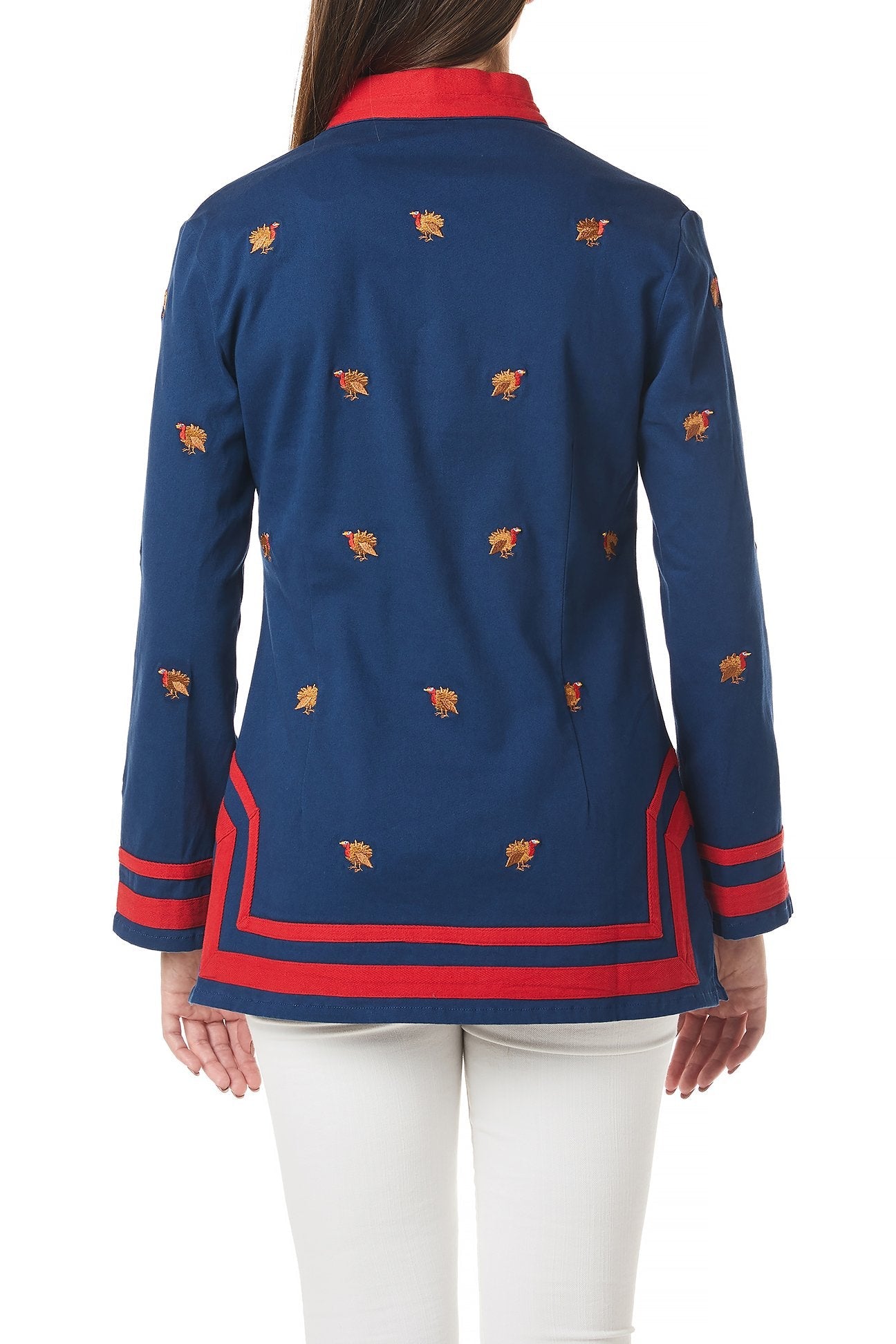 Women's Nantucket Navy Blue Tunic Top with Turkey & Red Trim - Casual Summer Beachwear & Vacation Outfit