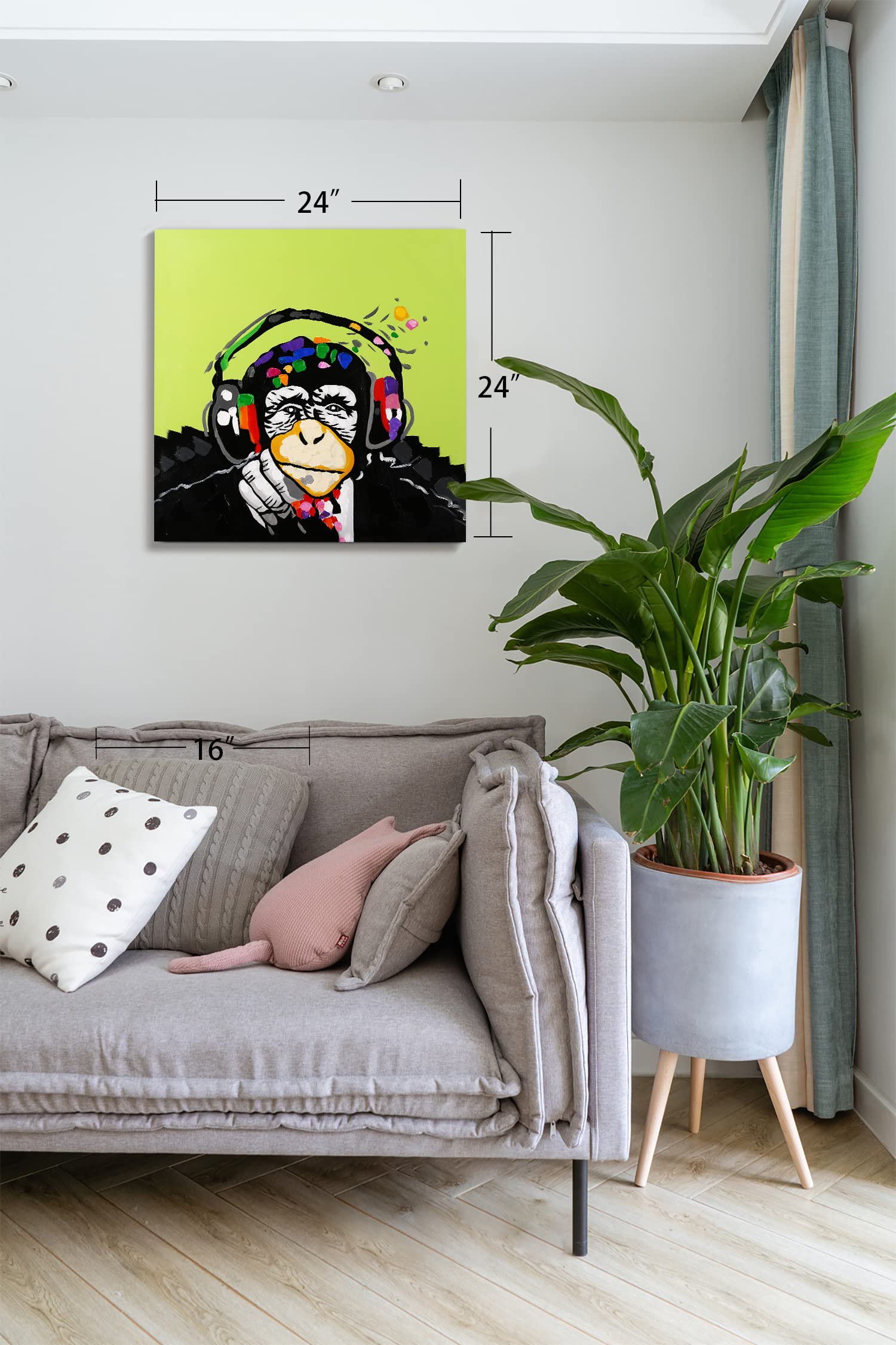 Modern Monkey Pop Art Canvas Print - Framed Animal Wall Decor with Headphones, 14x18 Inch Gallery Wrapped Inner Frame - Perfect for Living Room, Bedroom & Office Decor