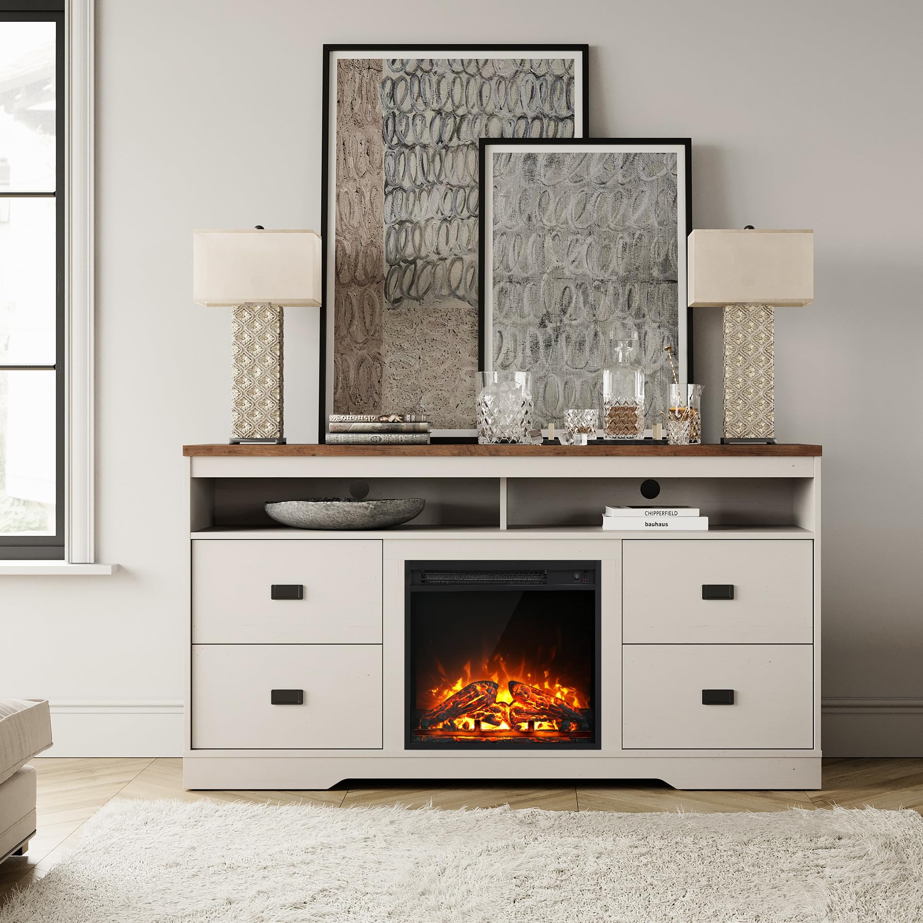 WAMPAT 65 Inch Farmhouse Style TV Stand with Electric Fireplace - Rustic Wood Entertainment Center with Storage & Adjustable Shelves - Antique White Finish - Perfect for Living Room, Bedroom or Home Theater Setup