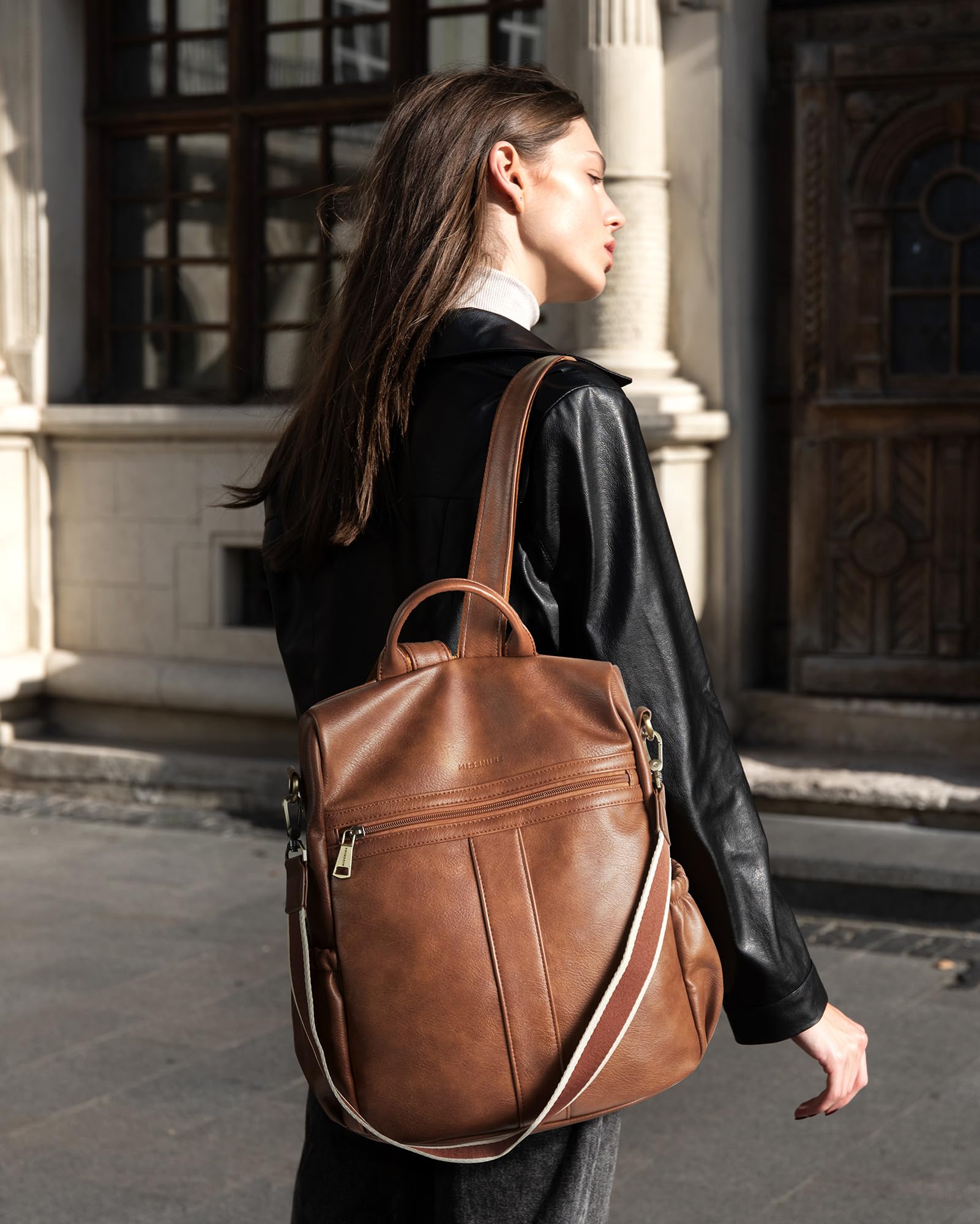 Missnine Women's PU Leather Anti-Theft Backpack Purse - Convertible Shoulder Bag & Satchel for Travel, Work & Daily Use - Stylish Brown Handbag for Commuting, Business Trips & College Campus Life