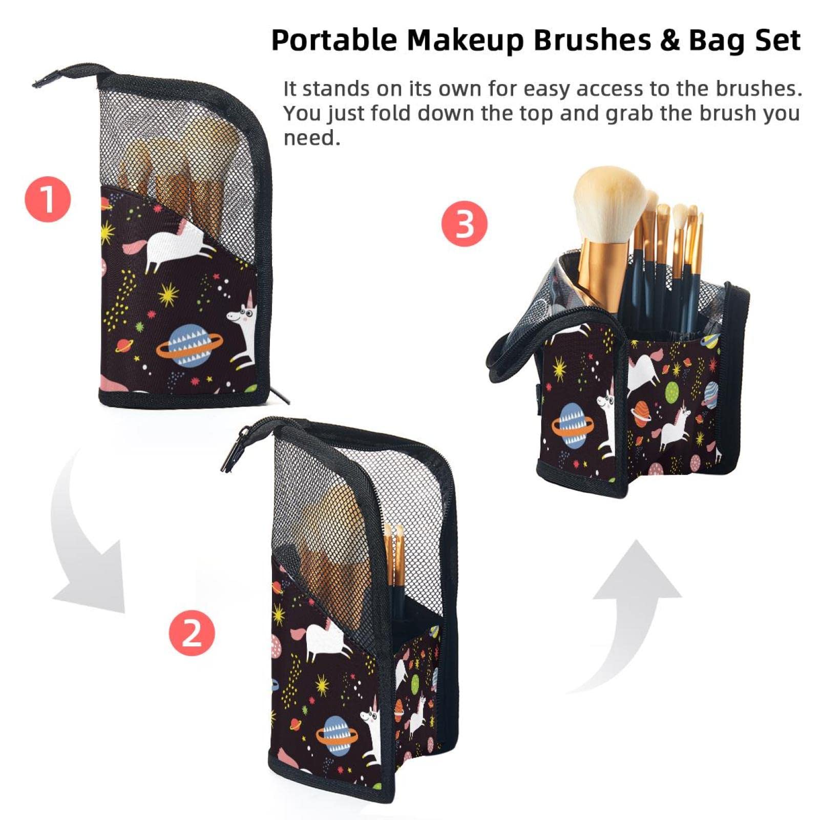 12-Piece Makeup Brush Organizer Bag with Space Planet & Unicorn Design - Portable Cosmetic Brush Holder Case for Travel, Home Vanity & Professional Makeup Artists