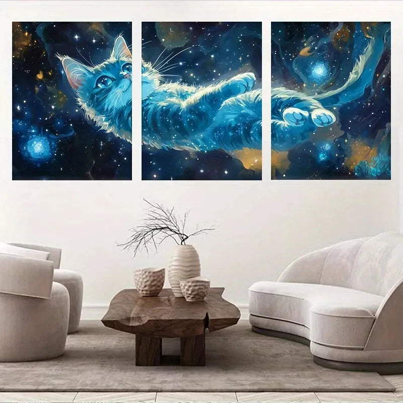 3-Piece Vibrant Blue Cosmic Cat Adventure Wall Art Set - Framed Canvas 40x60cm | High Quality Print | 100% Australian Made | Ready to Hang | Perfect for Living Room, Bedroom & Office Decor