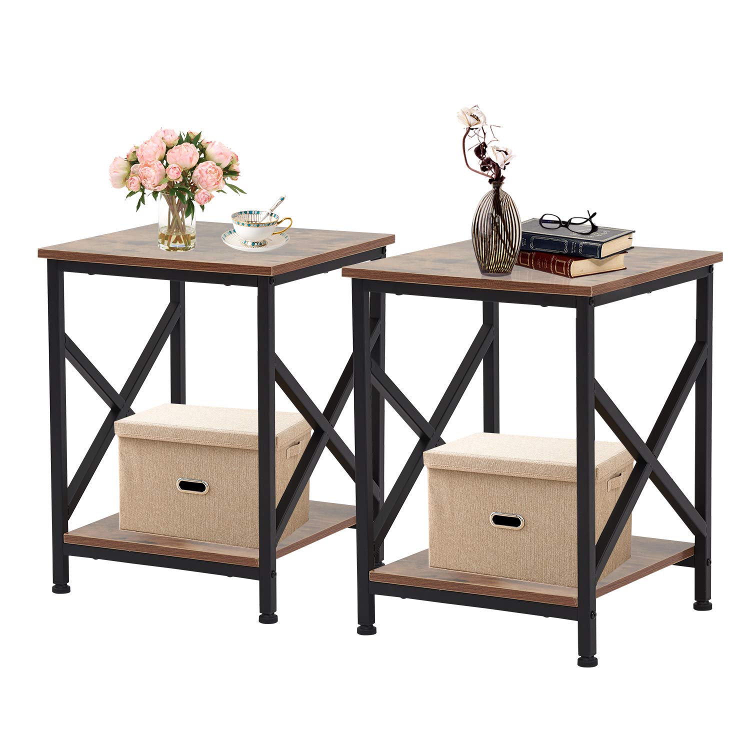 Kinsuite 2-Piece Rustic Brown Industrial End Tables with Storage Shelf - Metal Frame Accent Furniture for Living Room & Bedroom - Perfect as Nightstands or Sofa Side Tables (Rustic Brown)