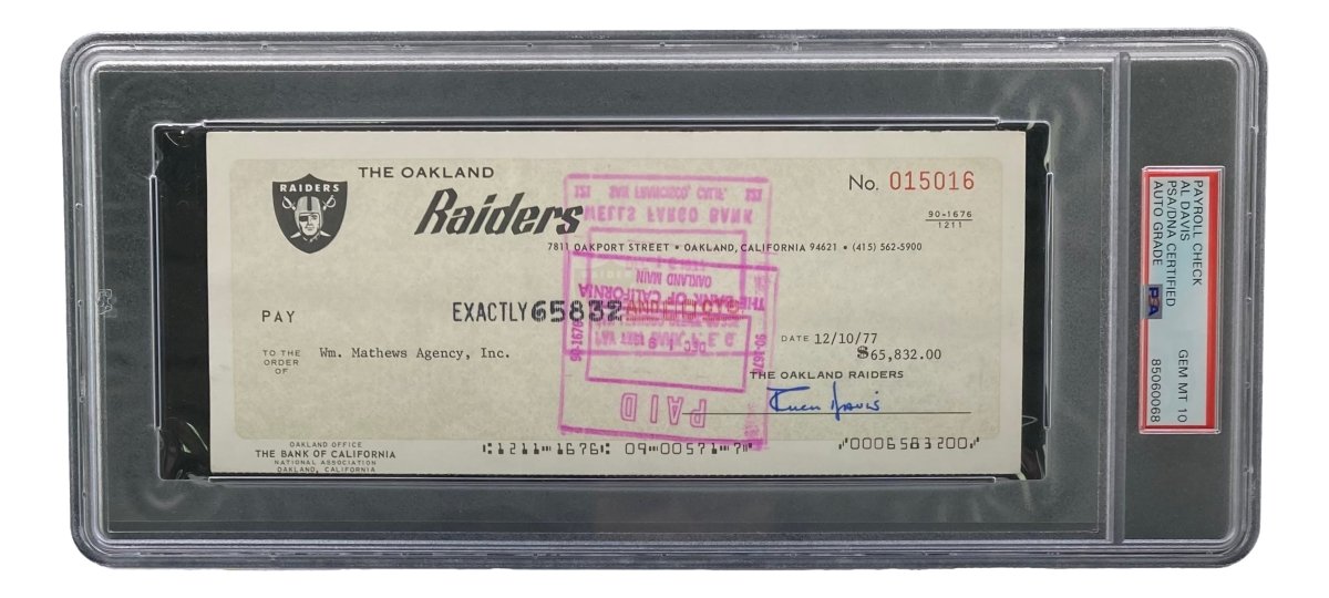 Authentic Al Davis Signed Oakland Raiders Bank Check #15016 PSA/DNA Certified Gem MT 10 - Perfect for NFL Memorabilia Collectors and Raiders Fans Display