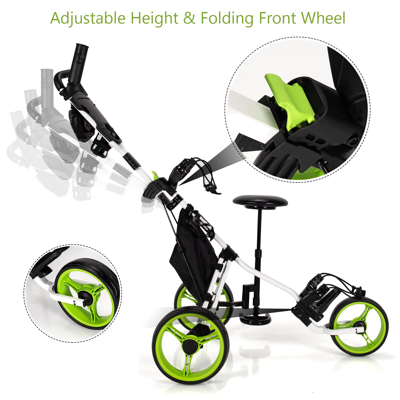 GYMAX 3-Wheel Foldable Golf Push Cart - Adjustable Height Lightweight Golf Caddy with Umbrella Holder, Hydraulic Seat, Storage Bag & Cup Holder | Golf Trolley for Clubs | Perfect for Golf Courses, Driving Ranges & Outdoor Practice
