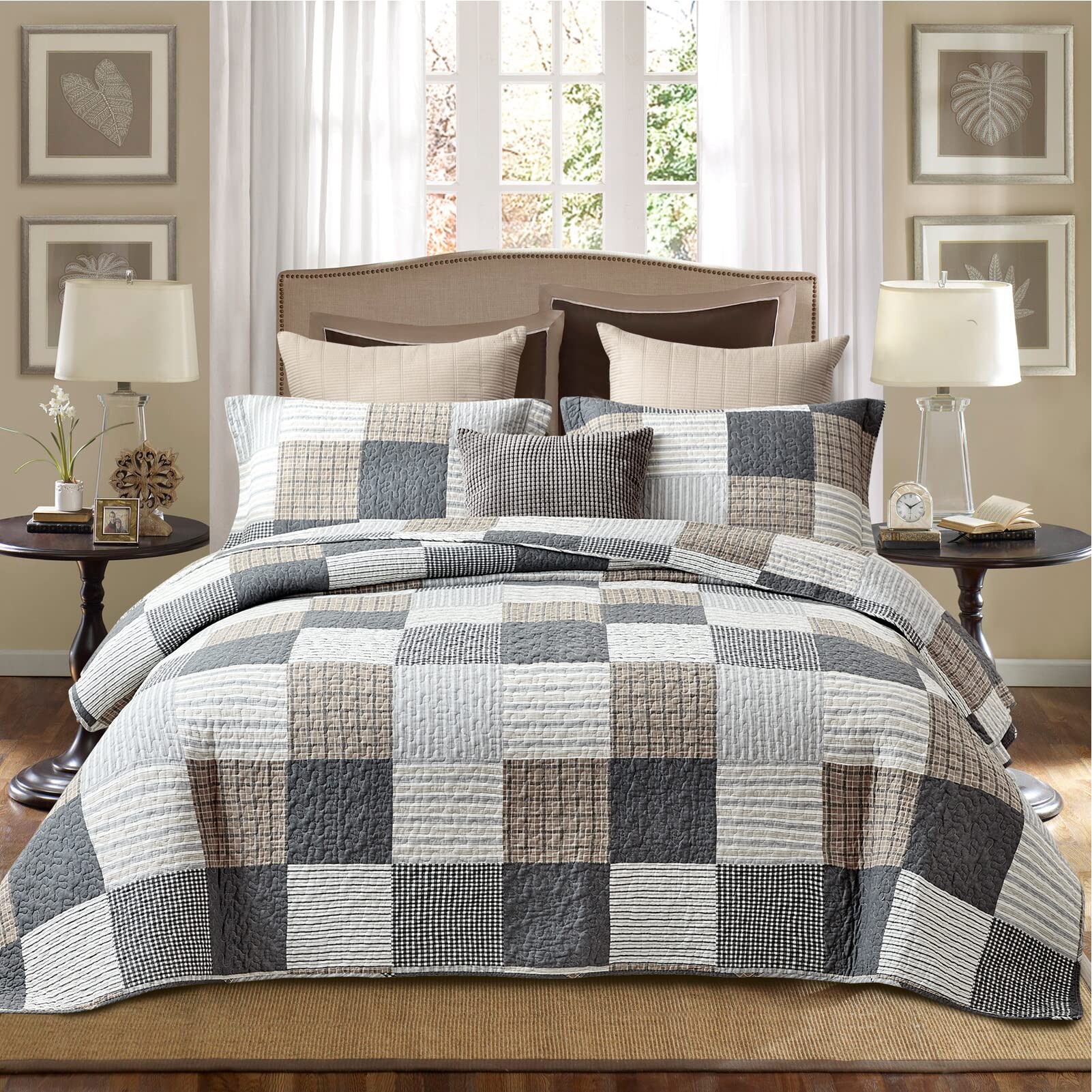 PANGUSHAN 100% Cotton Twin Size Quilt Set - Reversible Lightweight Patchwork Plaid Comforter in Gray/Black/Tan/White/Cream - 2 Piece Bedding Set for Boys Girls Teens Dorm Room & Guest Bed