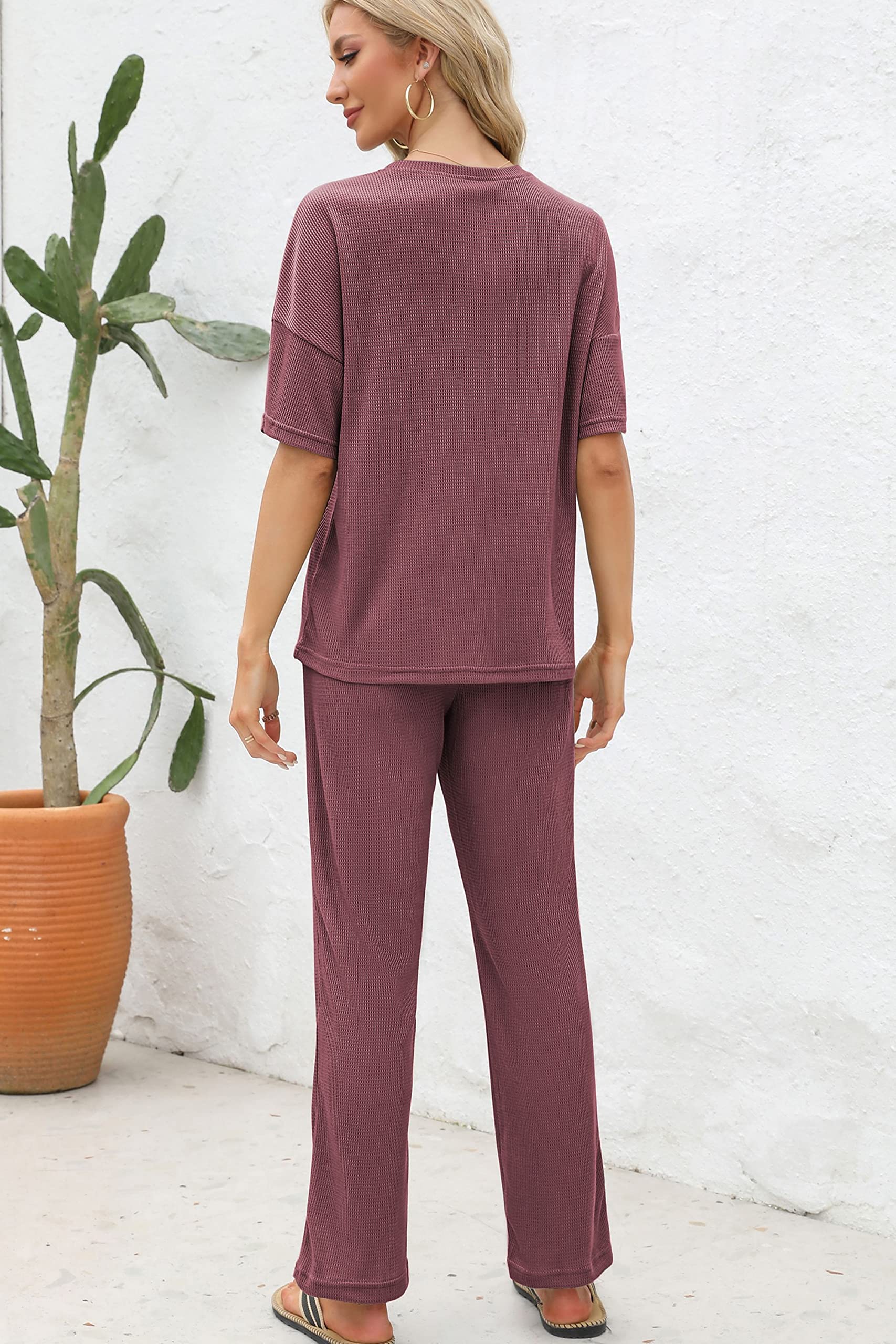 JiniGolla Women's Waffle Knit Pajama Set - Soft Short Sleeve Top & Long Pants Sleepwear for Lounge & Nighttime Comfort | Cozy Homewear, Perfect for Relaxing, Sleeping & Lounging