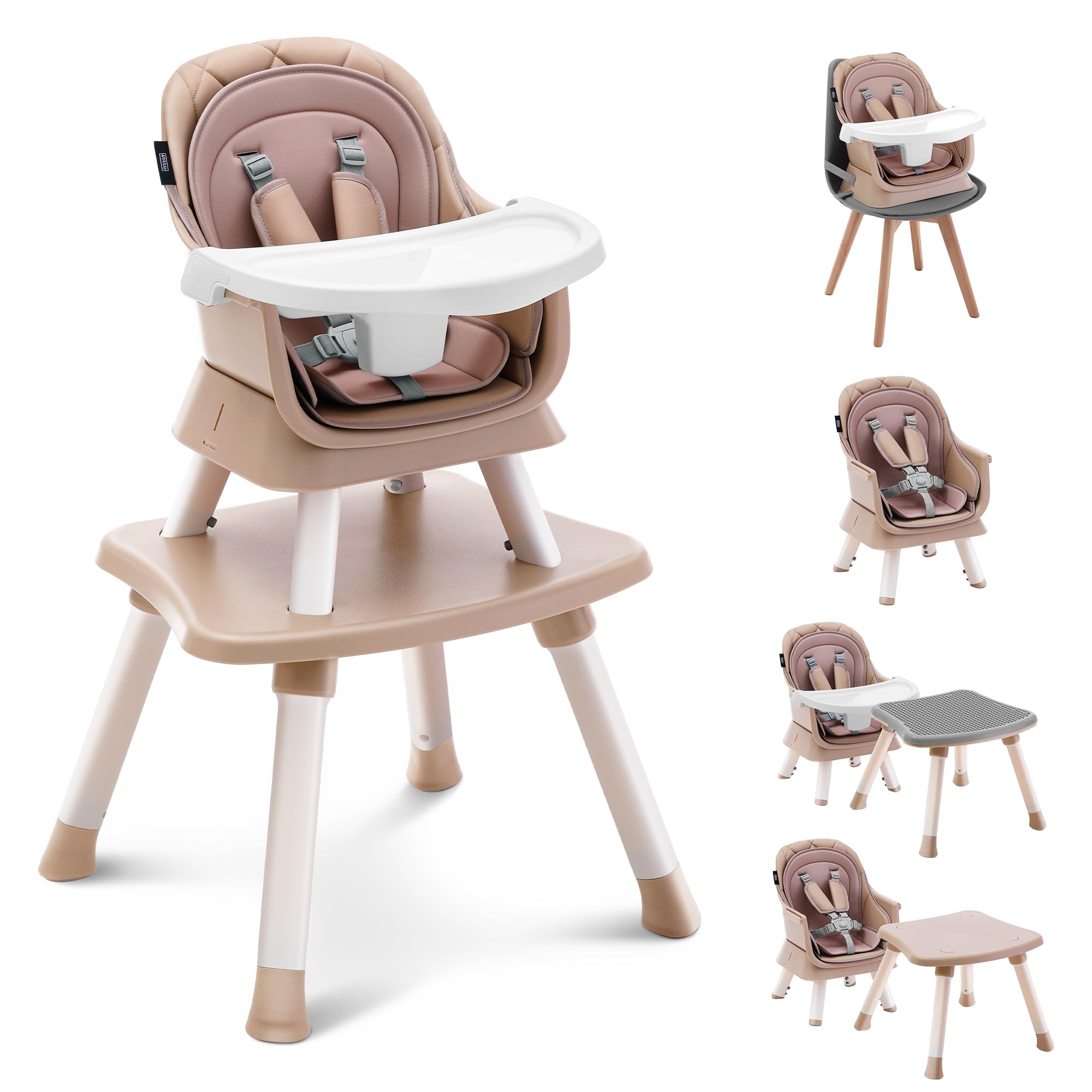 HARPPA 8-in-1 Convertible Baby High Chair with Safety Harness - Adjustable Toddler Booster Seat for Dining Table, Washable Tray in Khaki | Perfect for Feeding, Learning & Family Mealtime