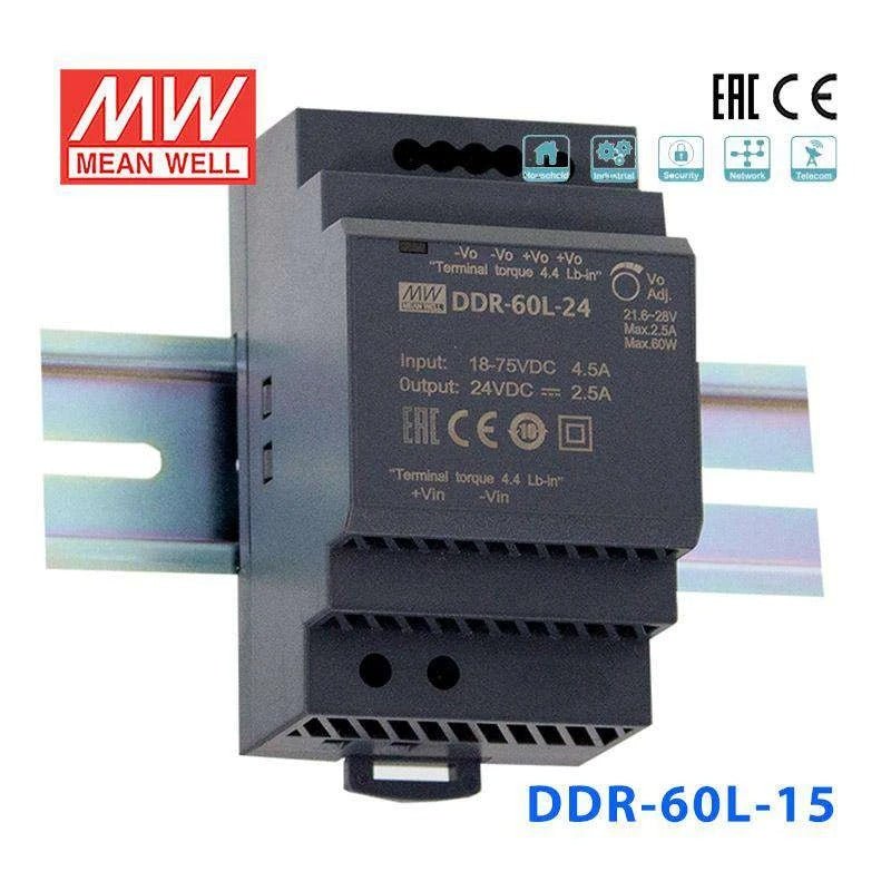 Mean Well DDR-60L-15 DC-DC Converter 60W 18-75V Input 15V Output for Industrial Automation, LED Lighting & Solar Power Systems