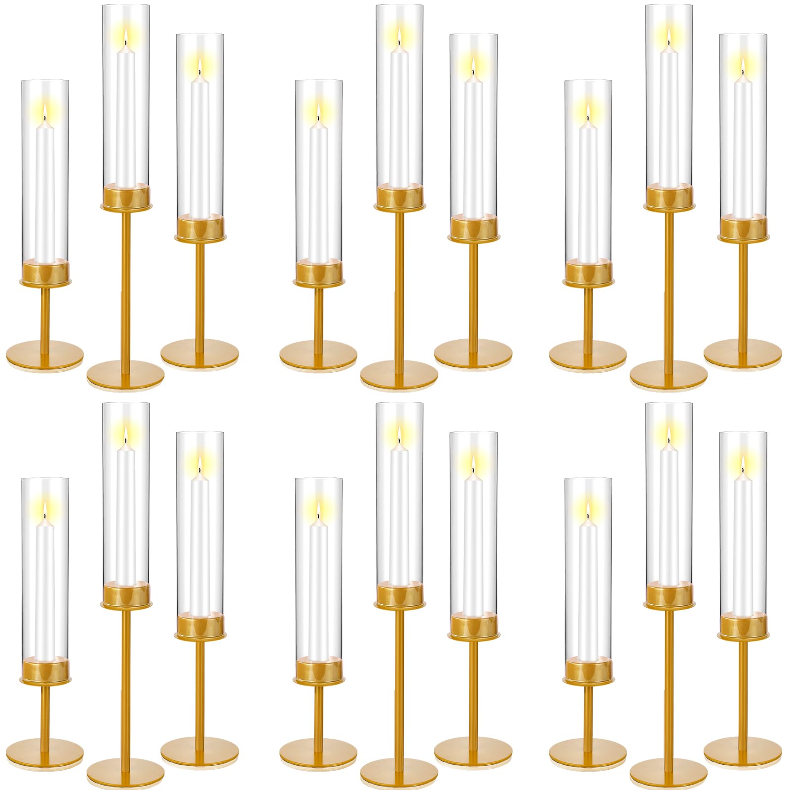 18 Pcs Gold Hurricane Candle Holders - Elegant Tall Taper Candlesticks for Wedding Centerpieces, Party Decor, and Romantic Dinner Table Settings
