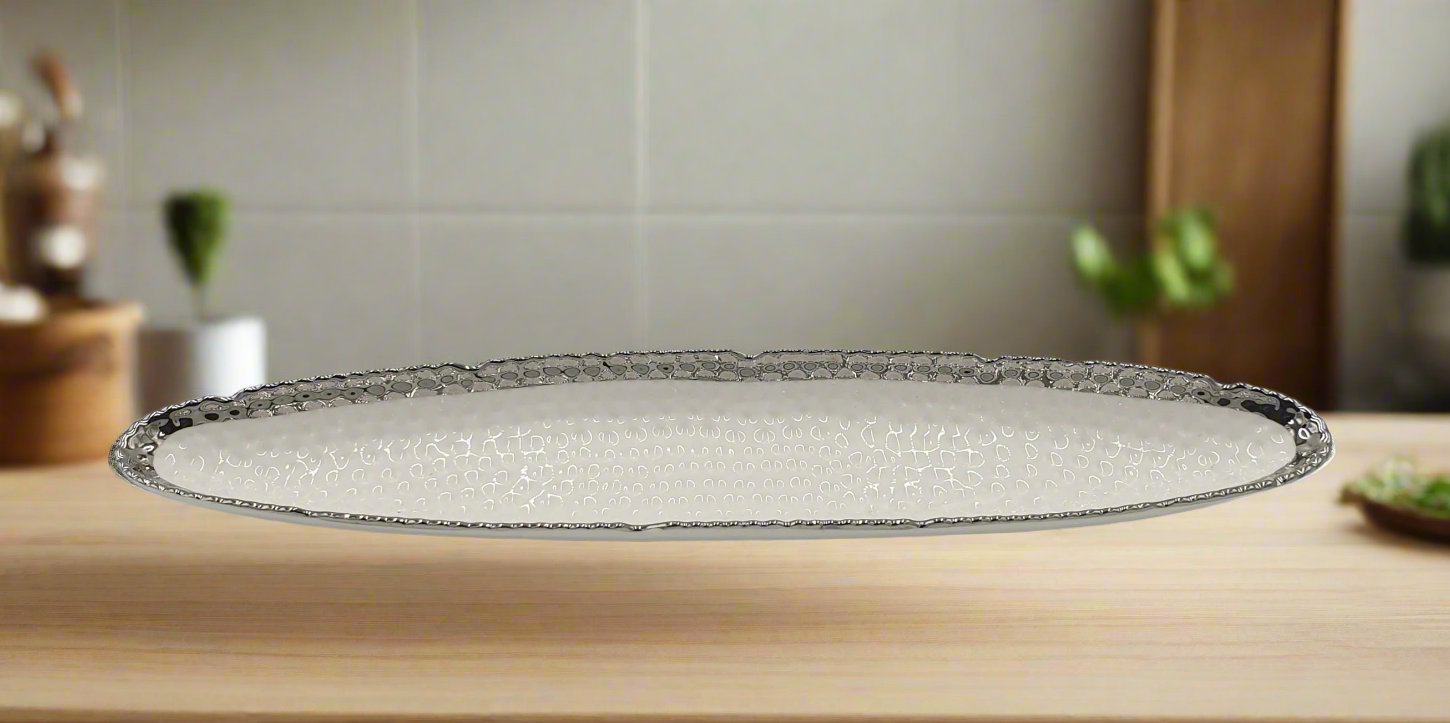 20x4 Silver Rim Oval Long Plates - Set of 16 - Elegant Dinnerware for Formal Dining, Wedding Receptions & Special Events