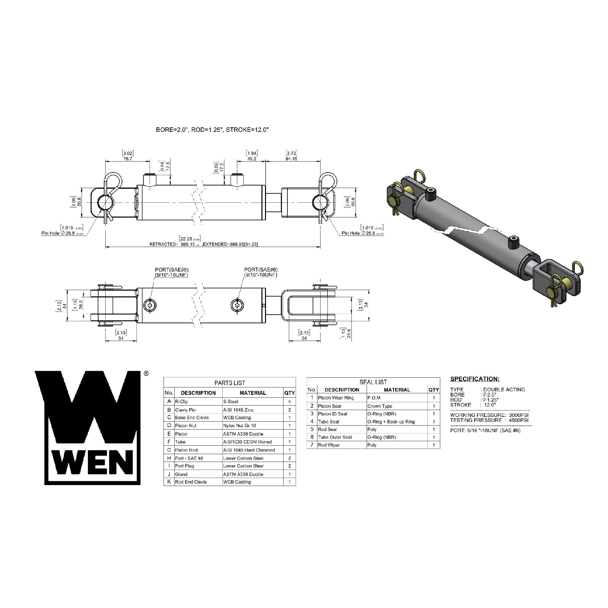 WEN CC2012 Clevis Hydraulic Cylinder - 2 Inch Bore, 12 Inch Stroke - Heavy Duty Hydraulic Jack for Construction, Automotive Repair, and Industrial Equipment