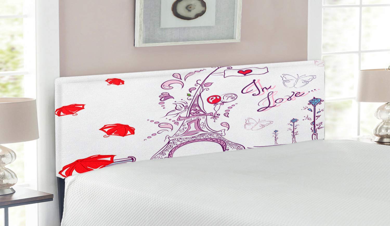 Ambesonne Parisian Themed Queen Size Headboard - Eiffel Tower Design with Memory Foam, Upholstered Metal Frame in Lilac, Red & Pale Blue | Romantic Bedroom Decor for Valentine's Day & Anniversary Gifts