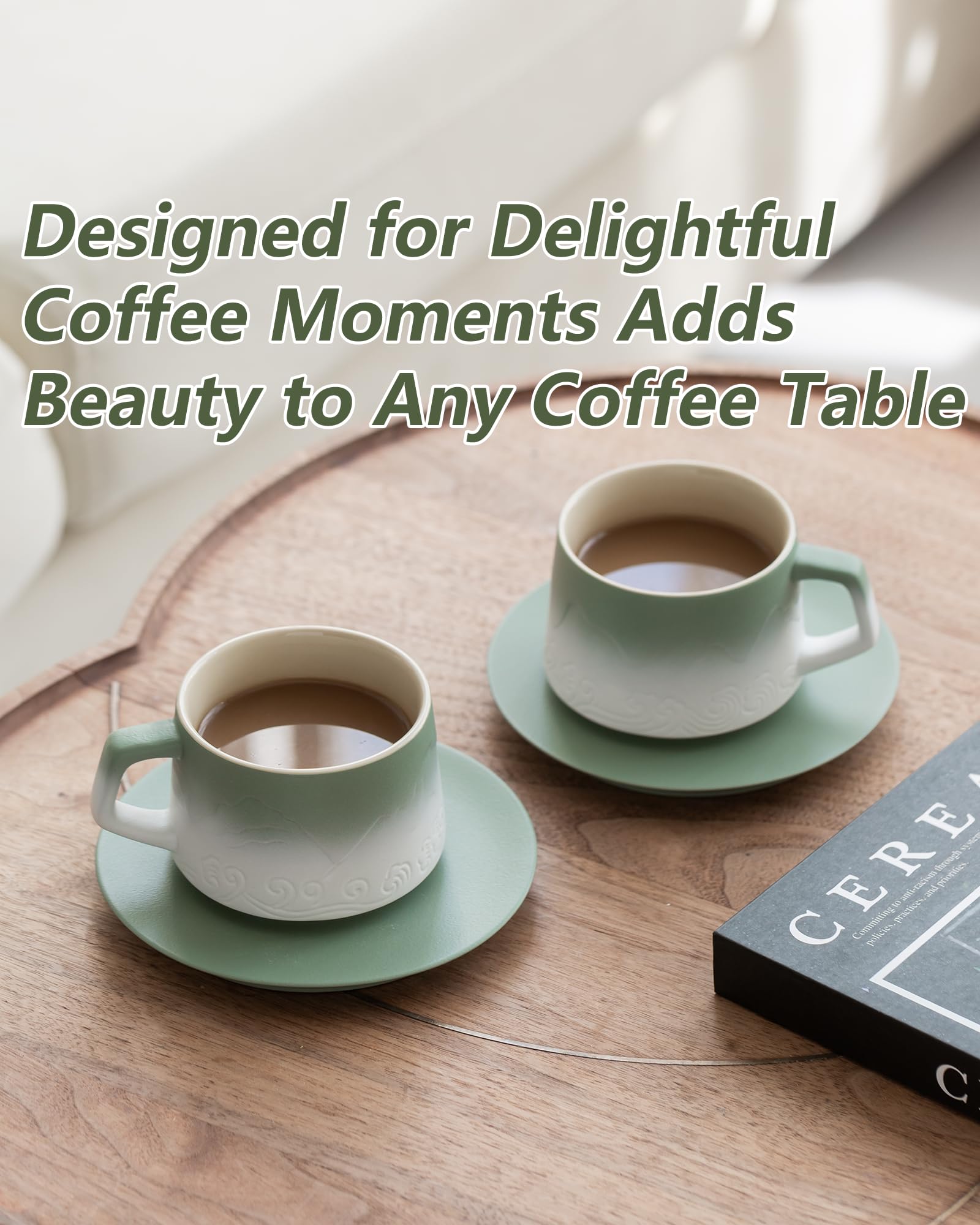 Premium 8oz Ceramic Cappuccino Cups Set of 2 with Saucers - Artistic Embossed Design for Latte Art, Perfect for Espresso, Au Lait, Matcha Tea - Moss Green & White Coffee Mugs - Ideal for Home Cafes, Gifts & Coffee Shops