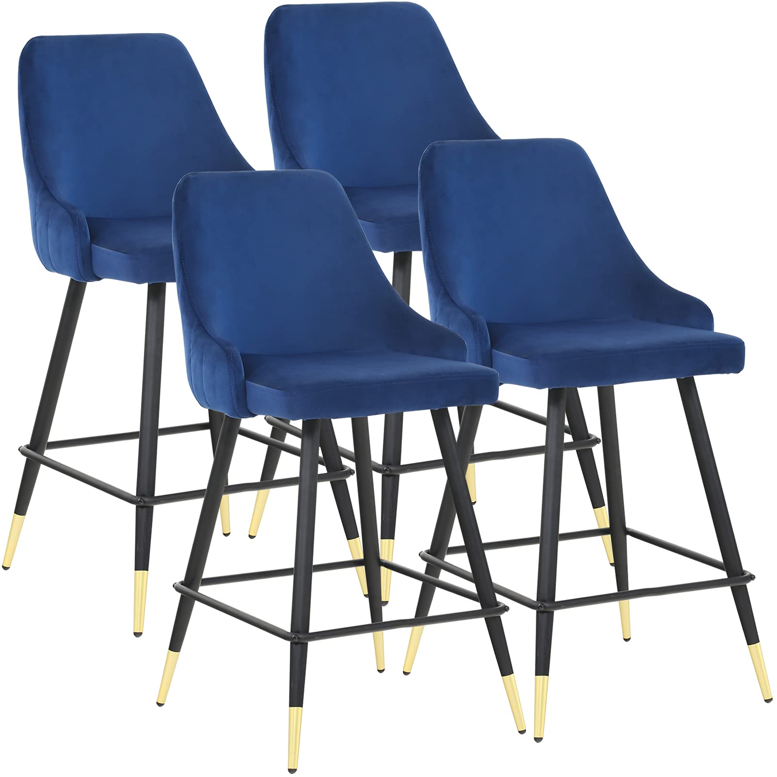 Velvet Bar Stools Set of 4 - Blue Counter Height Bar Stools with Backrest & Footrest, Modern Kitchen Island Stools for Dining Room, Bar Counter & Home Decor - Perfect for Breakfast Nook, Coffee Bar & Entertaining