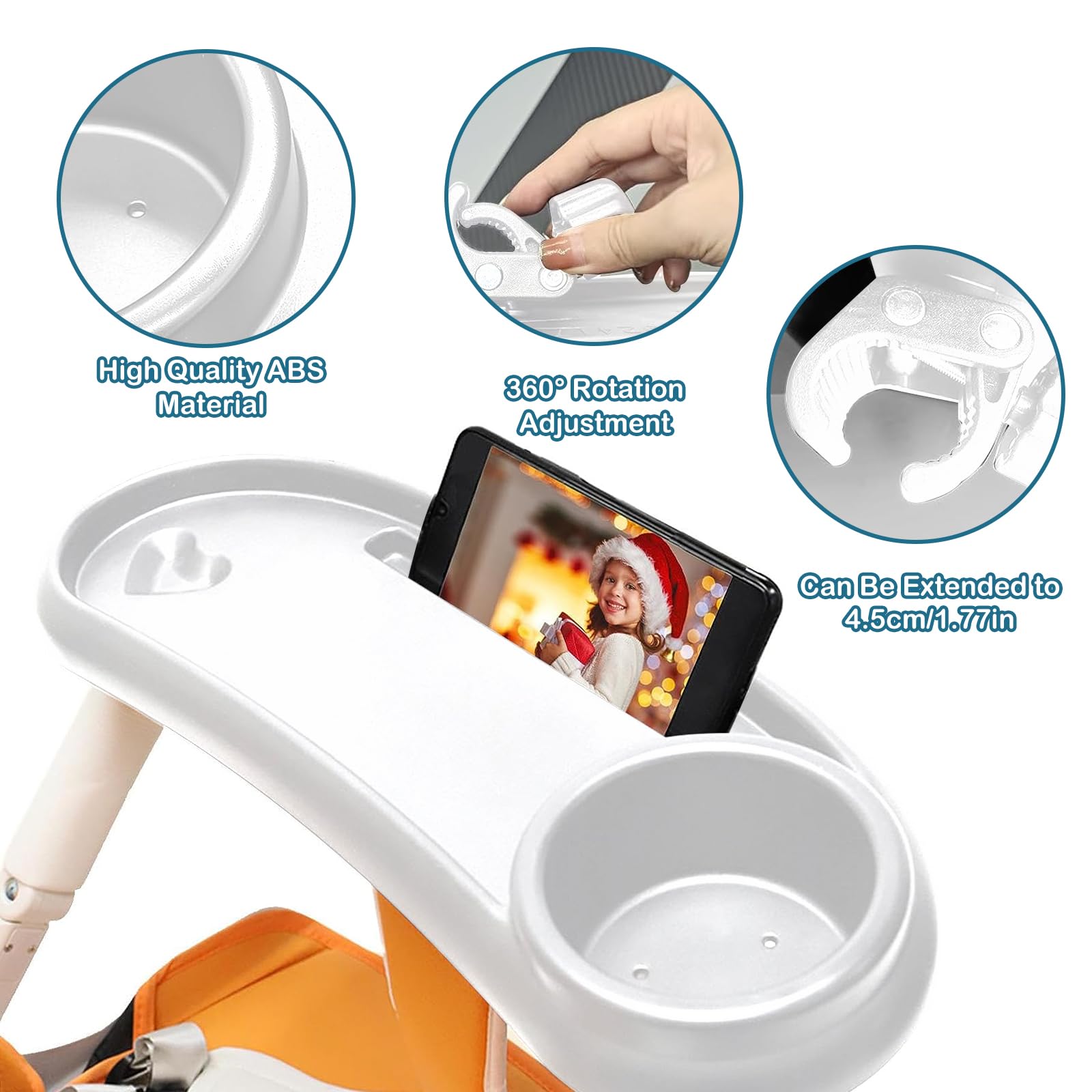 Universal 3-in-1 Stroller Cup Holder with Snack Tray & Phone Pocket - Removable Travel Accessory for Baby Bottles, Snacks & Phones - Perfect for Strollers, Shopping Carts & Outdoor Adventures (White)
